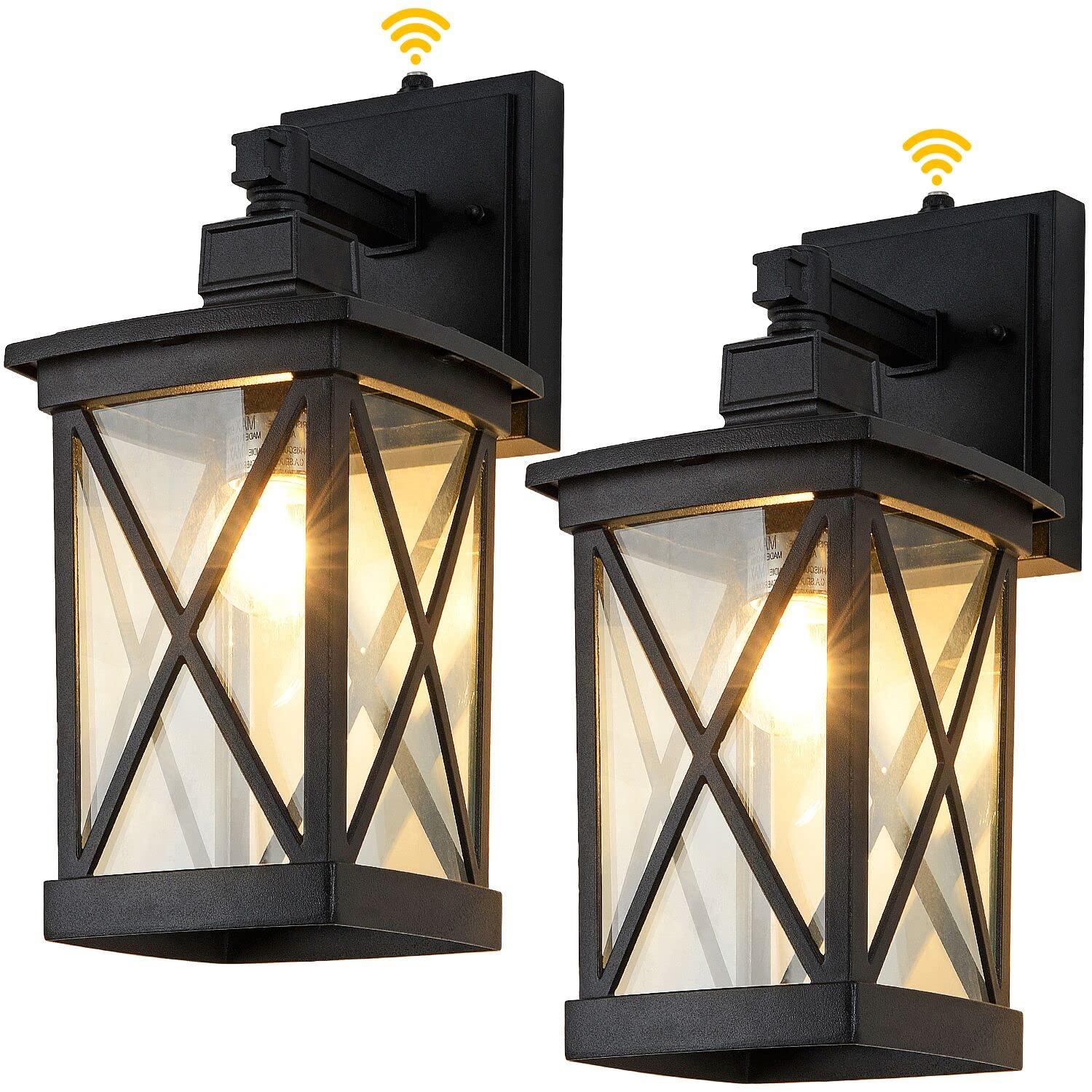 2 Pack Black Modern Outdoor Wall Lantern - Dusk to Dawn Photocell Sensor Porch Light Fixtures, Aluminum with Clear Glass, Weatherproof Exterior Wall Mount Lights for House, Garden, Patio, and Front Door Entryway