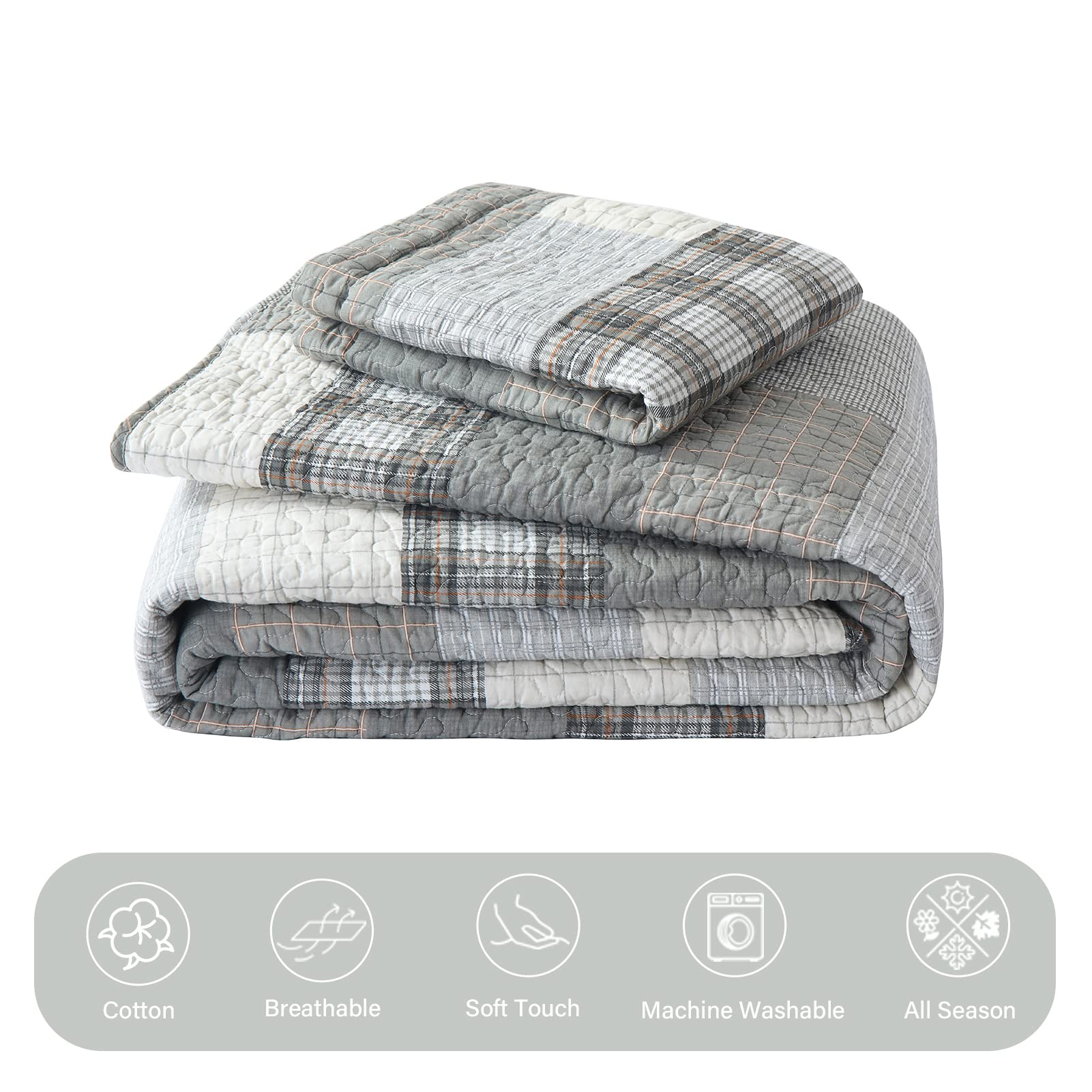 **Finlonte King Size Quilt Set - 3-Piece Lightweight Reversible Cotton Bedspread, Grey Patchwork Plaid Design for All Seasons | Perfect for Master Bedroom, Guest Room & Cozy Home Decor**