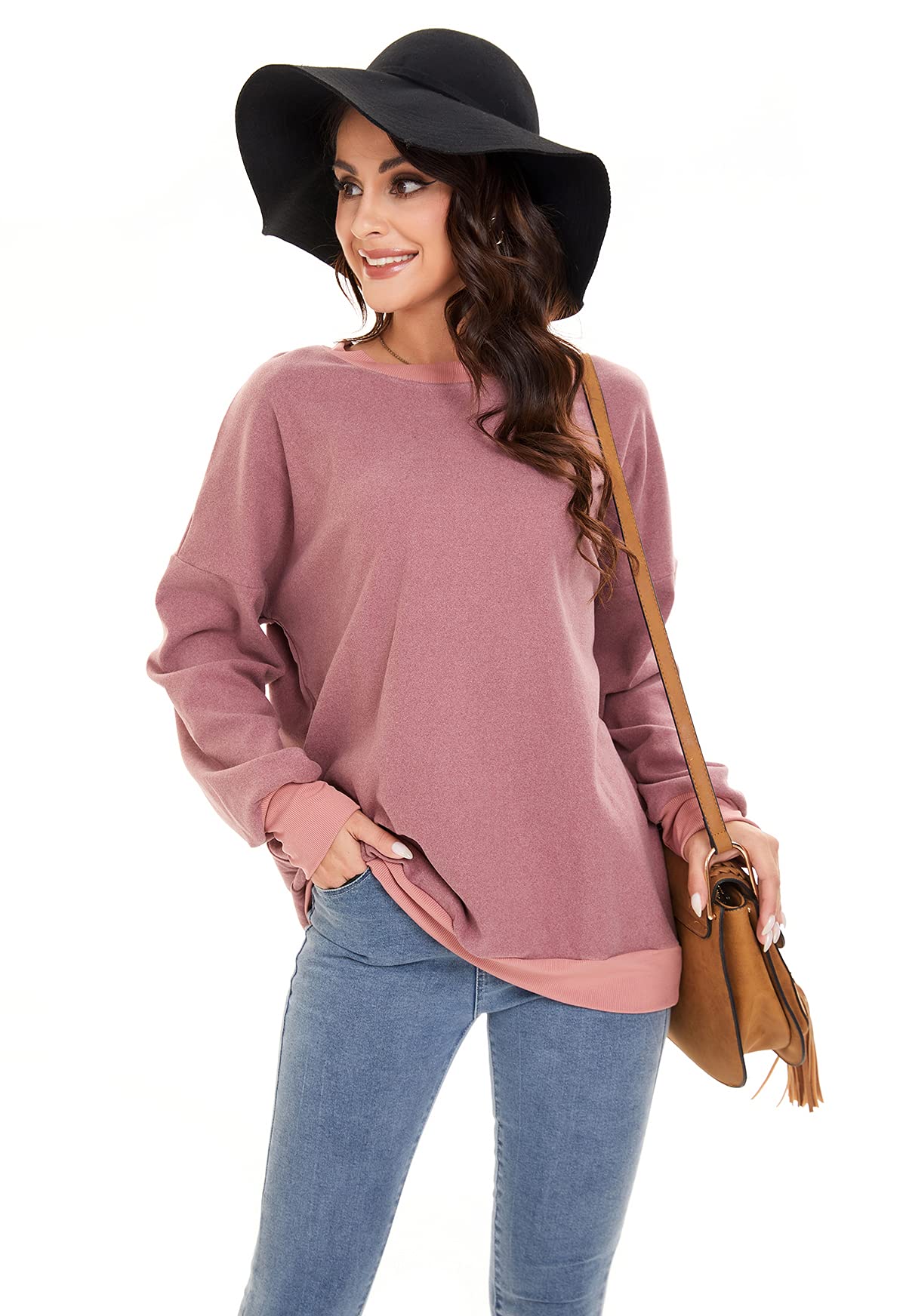 Women's Casual Long Sleeve Crewneck Sweatshirt - Solid Color Fall Tops for Everyday Wear, Lounge & Outfits