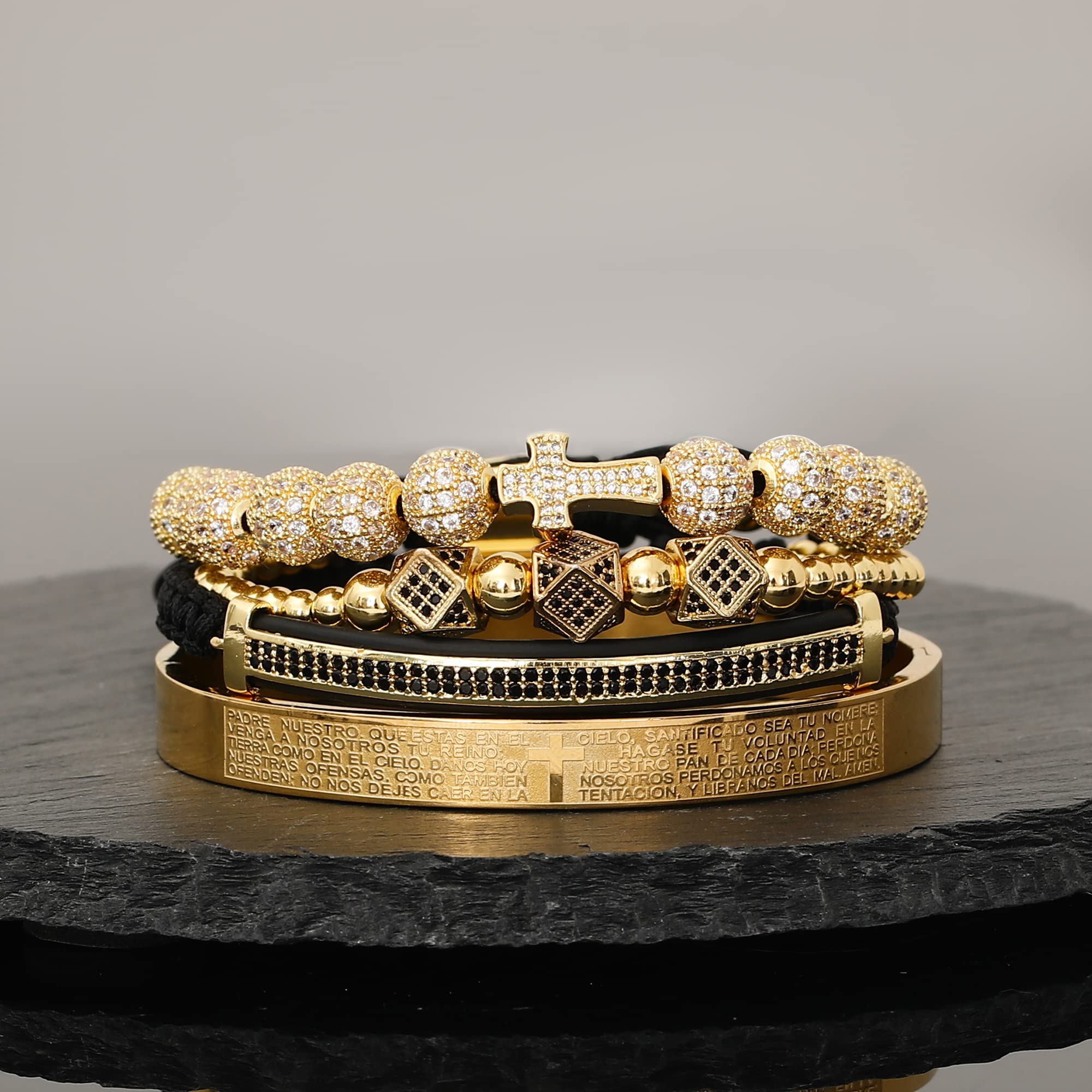 WFYOU Imperial Crown Bracelet for Men - 18kt Gold Plated Cubic Zirconia Beaded Cross Charm Bracelet - Luxury Jewelry Gift for Him - Perfect for Weddings, Anniversaries & Special Occasions