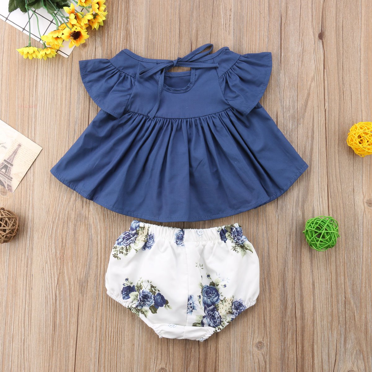 Adorable Newborn Baby Girls Outfit Set - Ruffled Denim Dress & Floral Shorts | Perfect for Photoshoots, Parties & Special Occasions