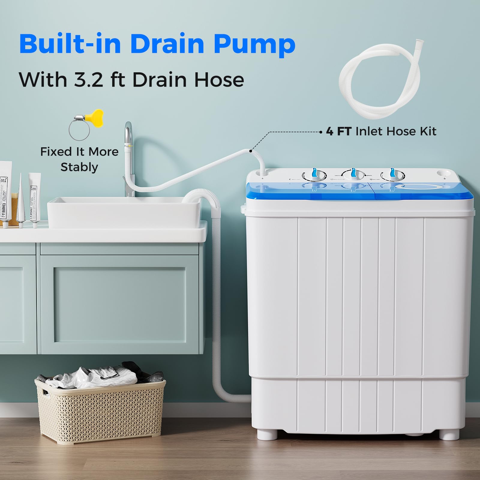 Giantex Portable Twin Tub Washing Machine 17.6lbs Compact Washer & Spinner Combo with Pump Drain - 11lbs Wash & 6.6lbs Spin Capacity - Ideal for Apartments, RVs, Dorms & College Students (White & Blue) - Perfect for Small Spaces & Travel Laundry Needs