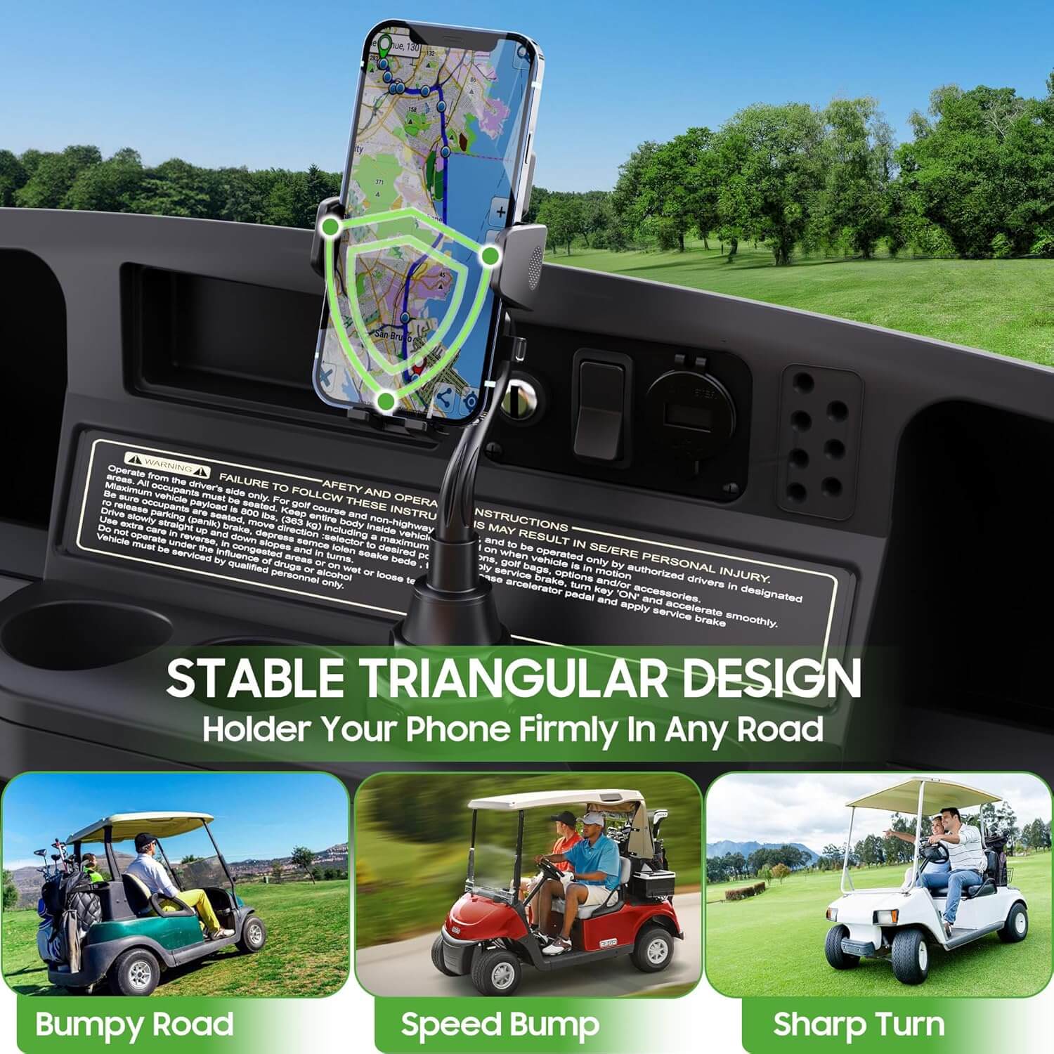 Universal Adjustable Golf Cart Cup Holder & Phone Mount - Fits Golf Carts, Cars & Trucks - Secure Drink & Device Storage for Golfing, Road Trips & Commuting
