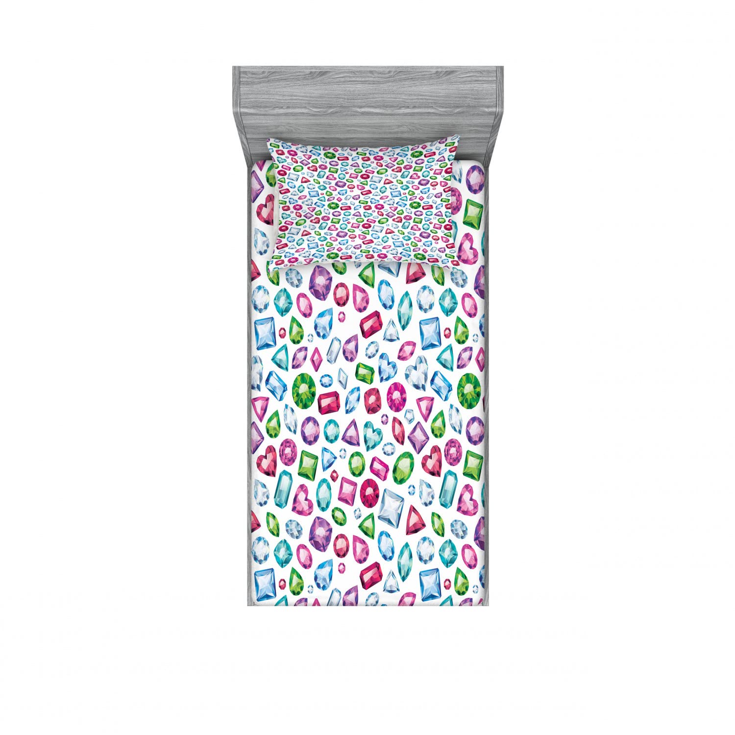 Ambesonne 2-Pack Twin XL Fitted Sheet & Pillow Sham Set - Hearts & Diamonds Bridal Bedding Decor, 4-Piece Multicolor (2 Fitted Sheets & 2 Pillow Covers) for Wedding, Guest Room, or Dormitory