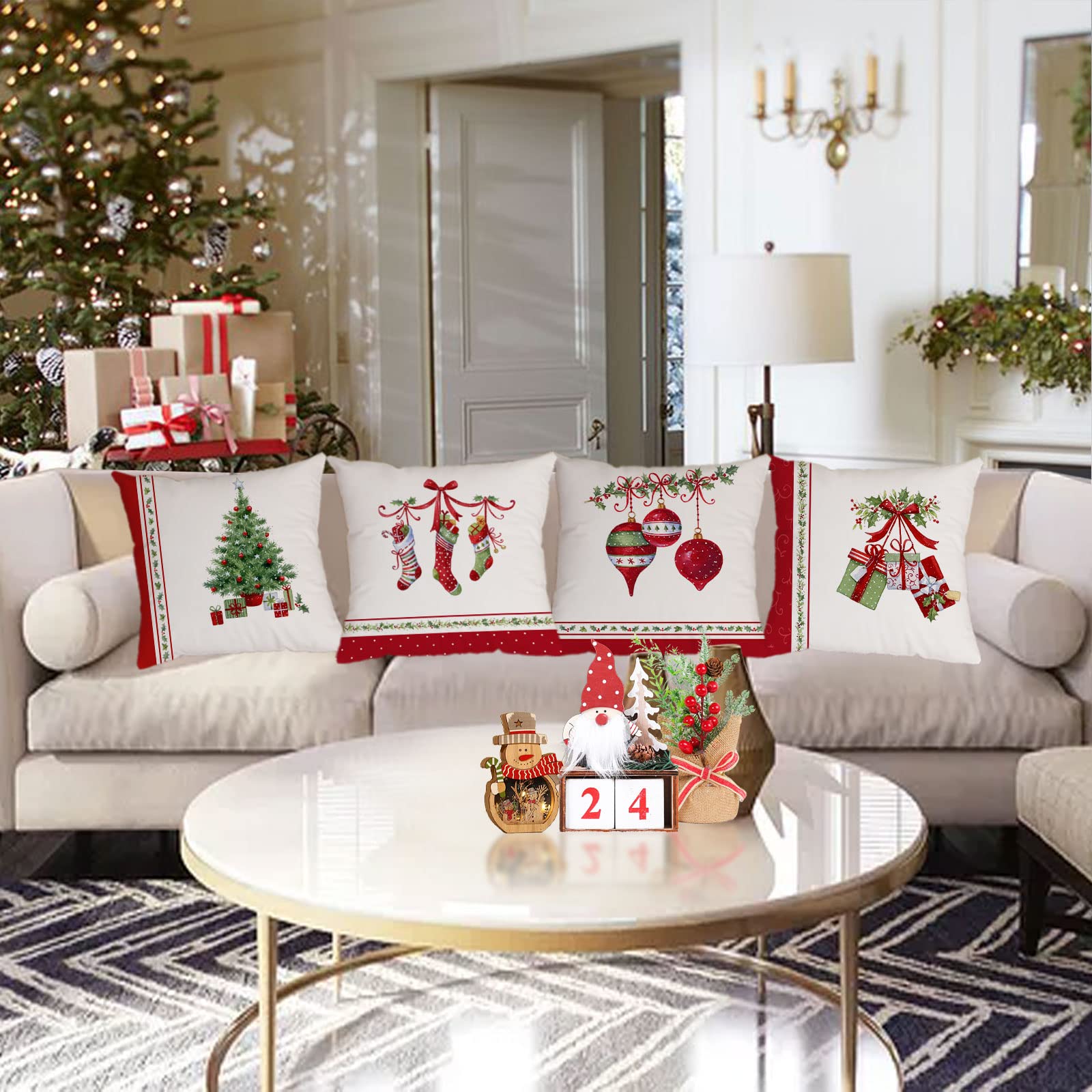 YeeJu Set of 4 Christmas Tree Velvet Pillow Covers 20x20 Inch - Holiday Decor Throw Pillow Cases for Sofa, Couch & Home Decor - Perfect for Winter Celebrations, Xmas Parties & Cozy Living Room Decorations