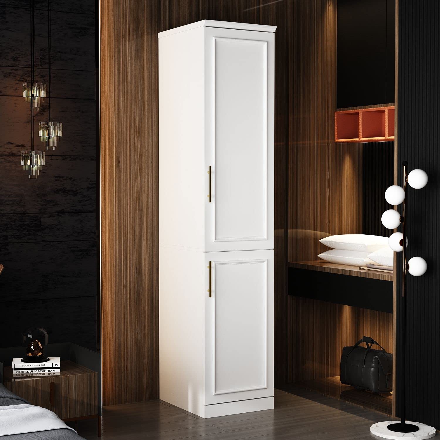 FAMAPY 2 Door Wardrobe Closet - Tall Narrow Armoire with Hanging Rod & Gold Metal Handles, White Bedroom Storage Cabinet (15.7”W x 19.3”D x 74.9”H) - Perfect for Small Spaces, Apartments, Dorm Rooms & Closet Organization