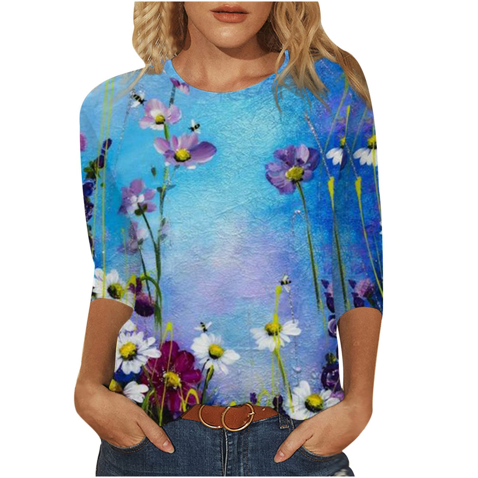 SNKSDGM Women's 3/4 Sleeve Vintage Floral Print Round Neck Casual Loose Fit T-Shirt - Perfect for Holiday, Vacation, and Everyday Wear