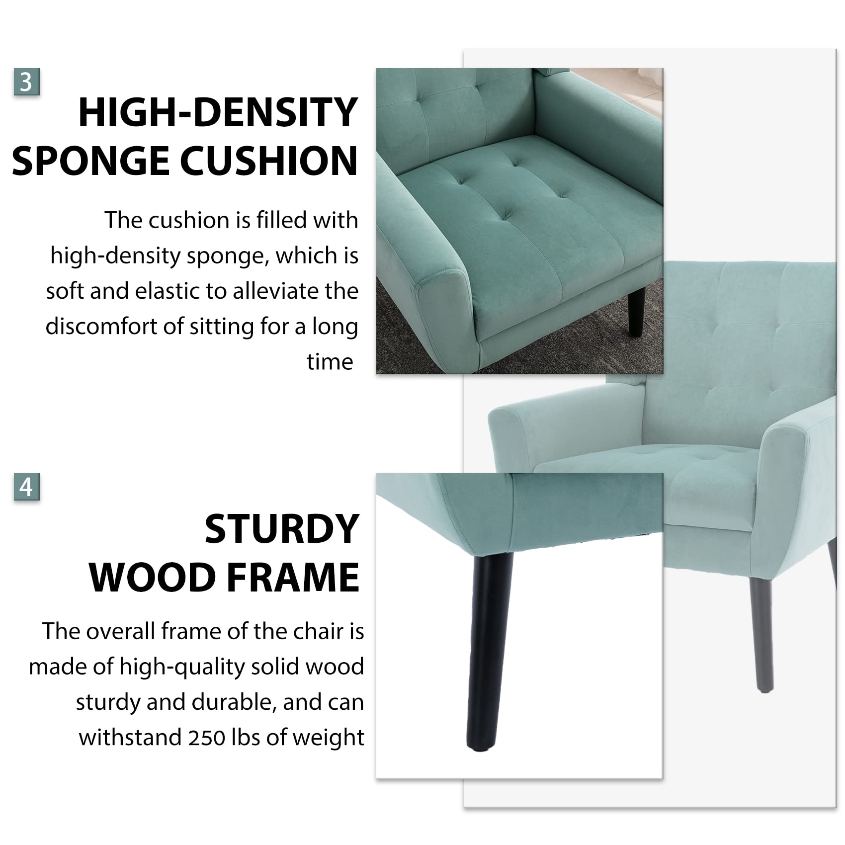 Midcentury Modern Velvet Accent Chair with Arms - Tufted Back Upholstered Reading Side Chair for Living Room, Bedroom & Office - Mint Green Wingback Lounge Chair for Relaxing & Home Decor