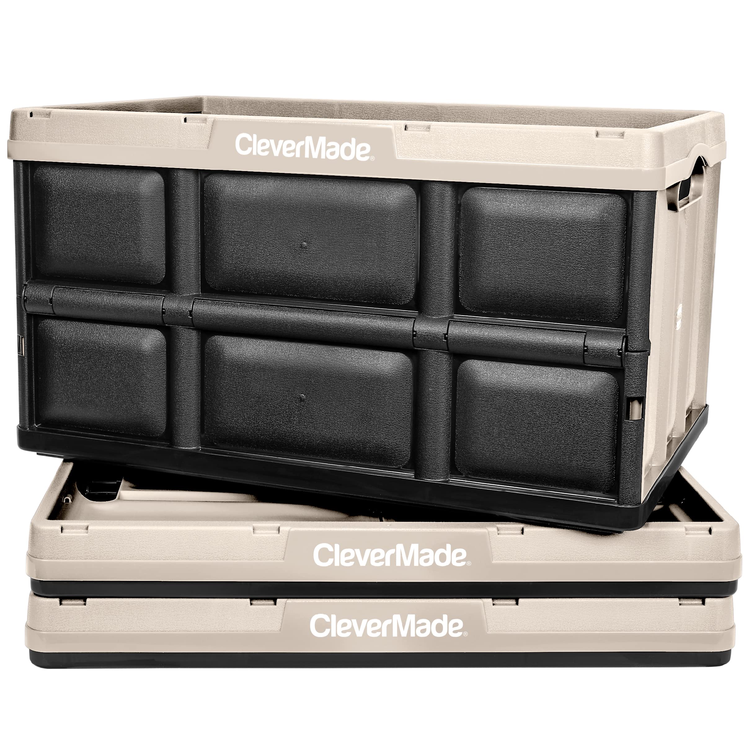 CleverMade 62L Collapsible Storage Bins 3-Pack - Heavy Duty Stackable Folding Crates for Home Organization | Space-Saving Tan Containers for Closet, Garage & Office Use