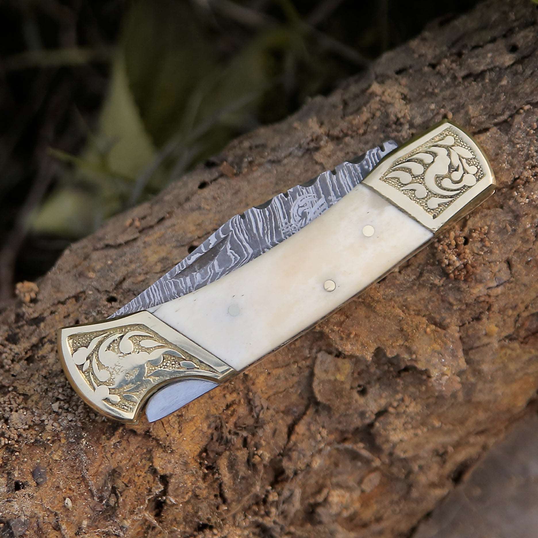 Premium Damascus Steel Expedition Pocket Knife with Bone Handle - Outdoor Survival, Camping, Hunting, and Everyday Carry (EDC)