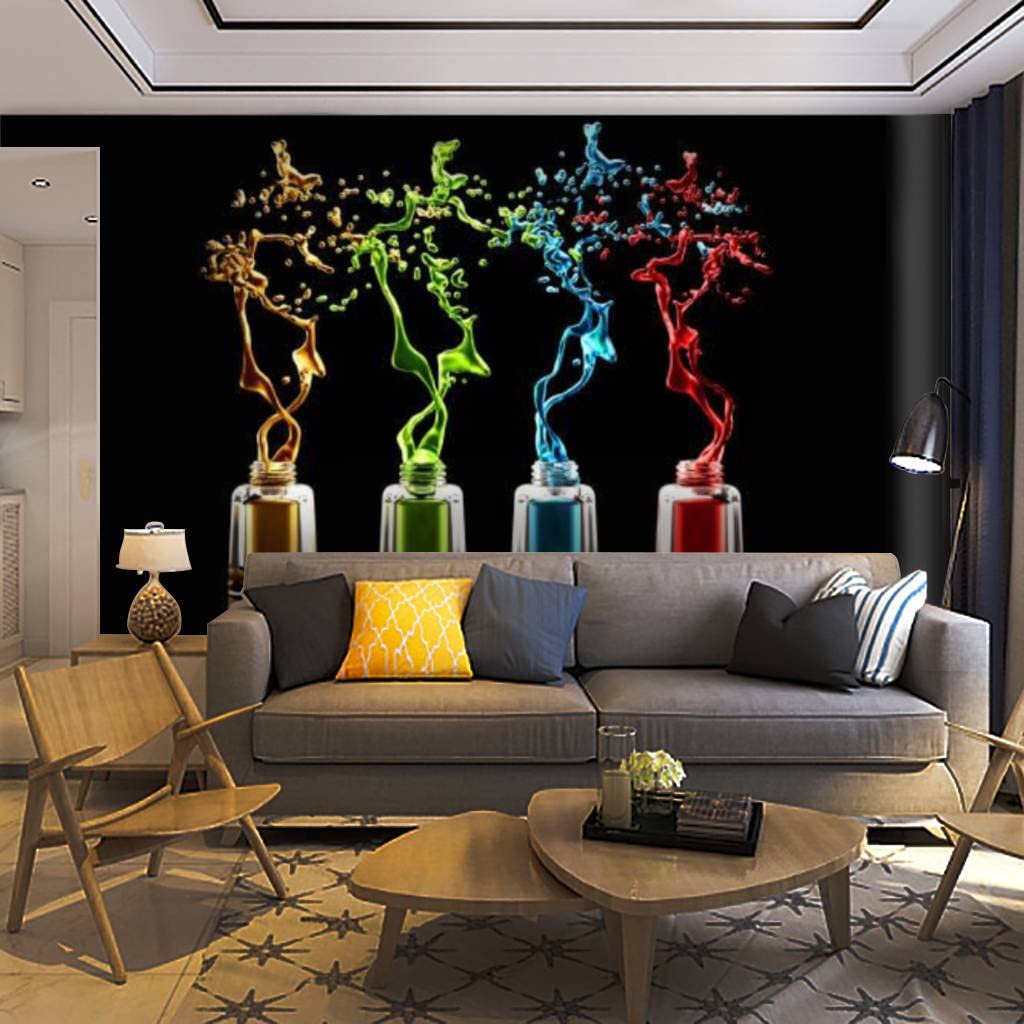 Self-Adhesive Removable Peel & Stick Wallpaper Mural - Black Background with Nail Polish Bottles & Colorful Splashes - Fashion Makeup Themed Wall Decal for Living Room, Bedroom & Home Decor | Easy DIY Wall Sticker for Stylish Interior Design