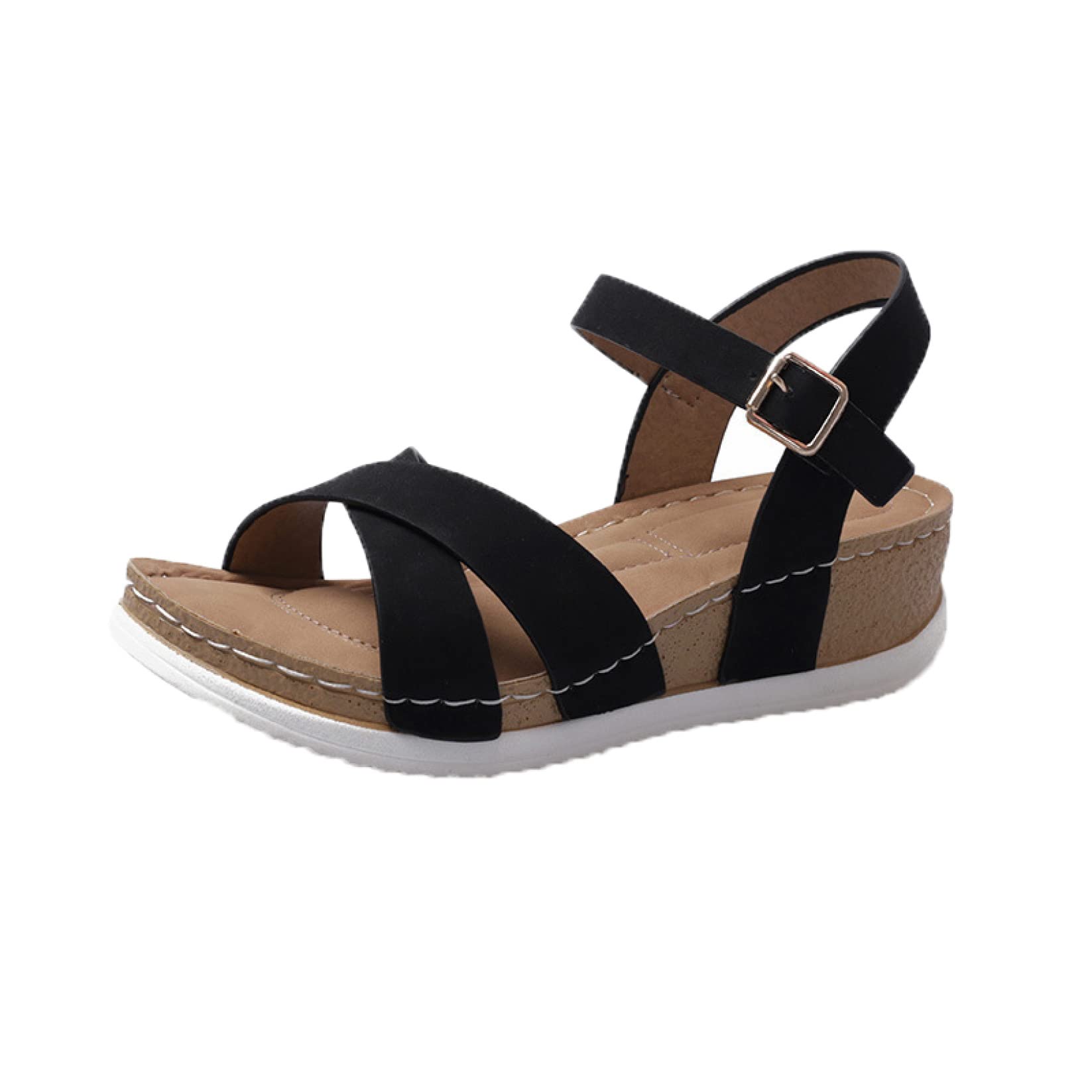 Women's Open Toe PU Buckle Strap Wedge Sandals - Breathable Dressy Medium Heel Summer Sandals for Beach, Party, and Casual Outfits