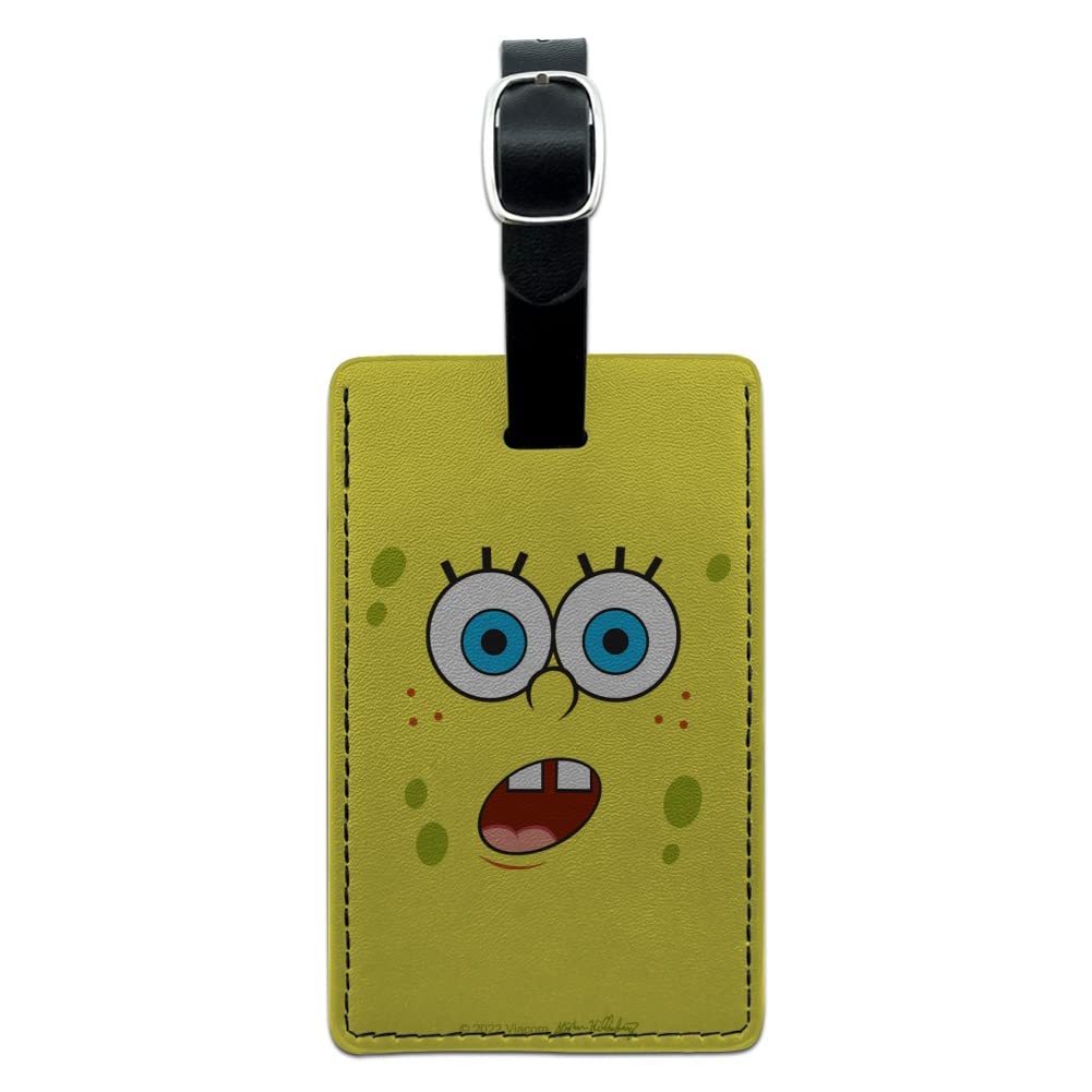 SpongeBob SquarePants Funny Face Leather Luggage Tag - Rectangle Carry-On Suitcase ID Tag for Travel Bags, Backpacks & Suitcases - Perfect for Kids & Cartoon Fans