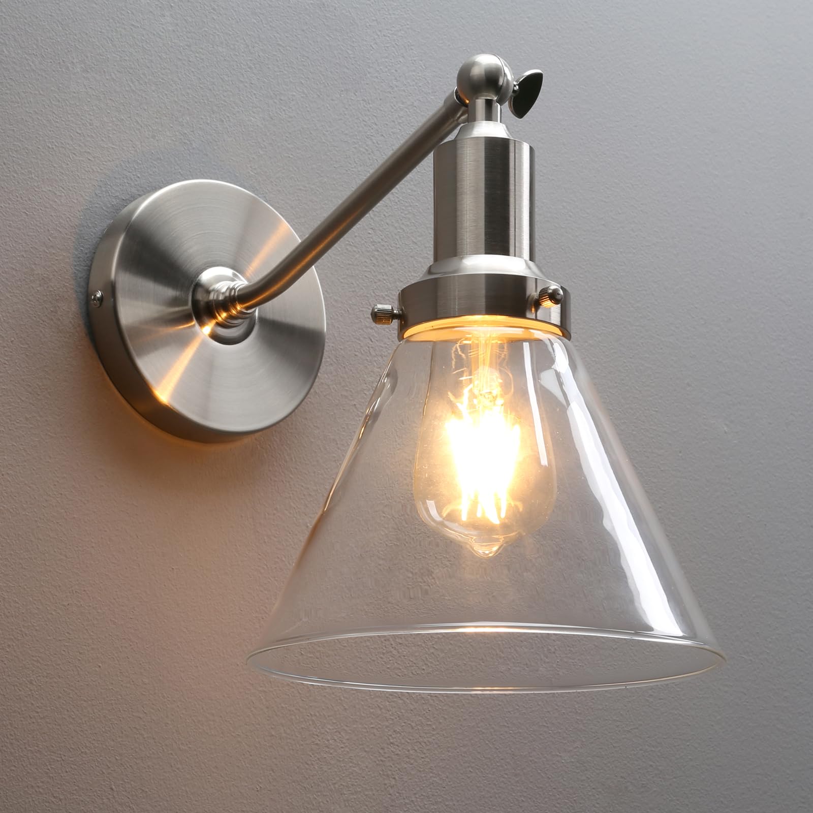 PERMO Industrial Vintage Slope Pole Wall Mount Single Sconce with Funnel Flared Clear Glass Shade - Brushed Nickel Wall Light Fixture for Living Room, Bedroom, or Hallway Lighting Decor