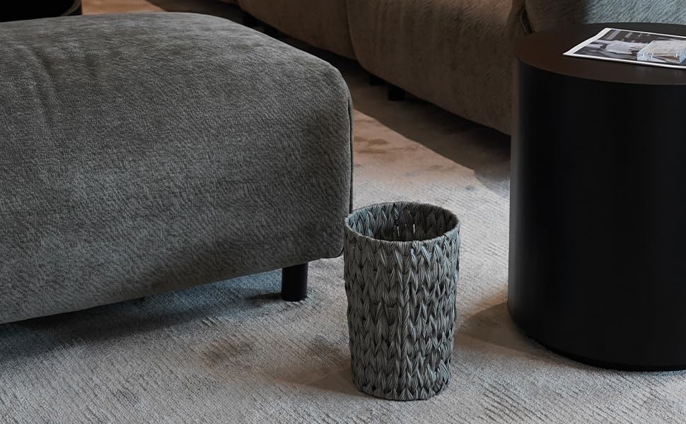 Waterproof Wicker Trash Can - 2 Gallon Small Round Bathroom & Bedroom Waste Basket, Handwoven Grey Office Trash Bin for Home, Kitchen, Dorm (Perfect for Bathroom Vanity, Bedside, or Office Desk)