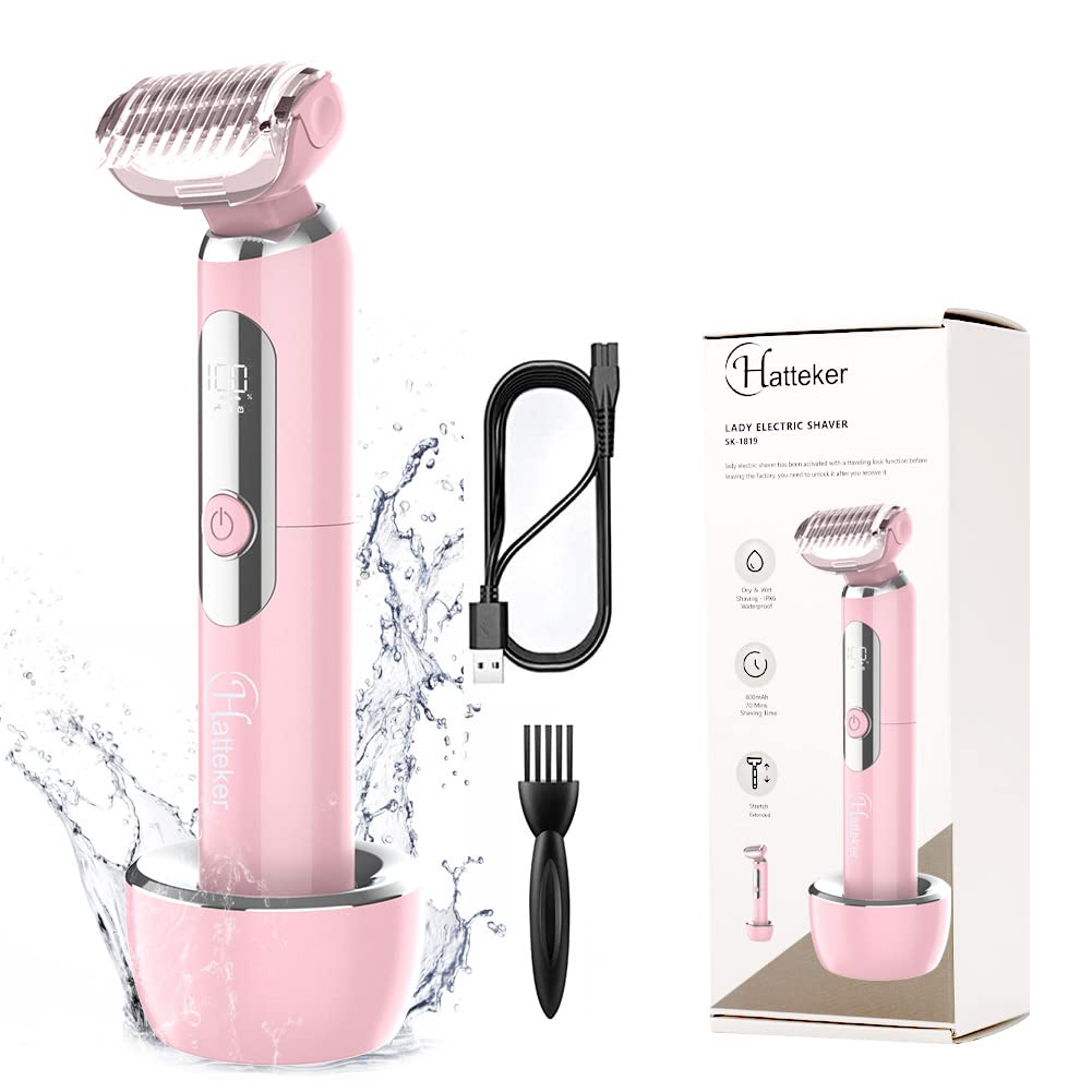 Hatteker Electric Lady Shaver Razor - Rechargeable Wet & Dry Waterproof Women's Bikini Trimmer for Legs, Underarms & Pubic Hair - Painless Hair Removal with Extendable Handle - Perfect for Travel, Gym & Home Use
