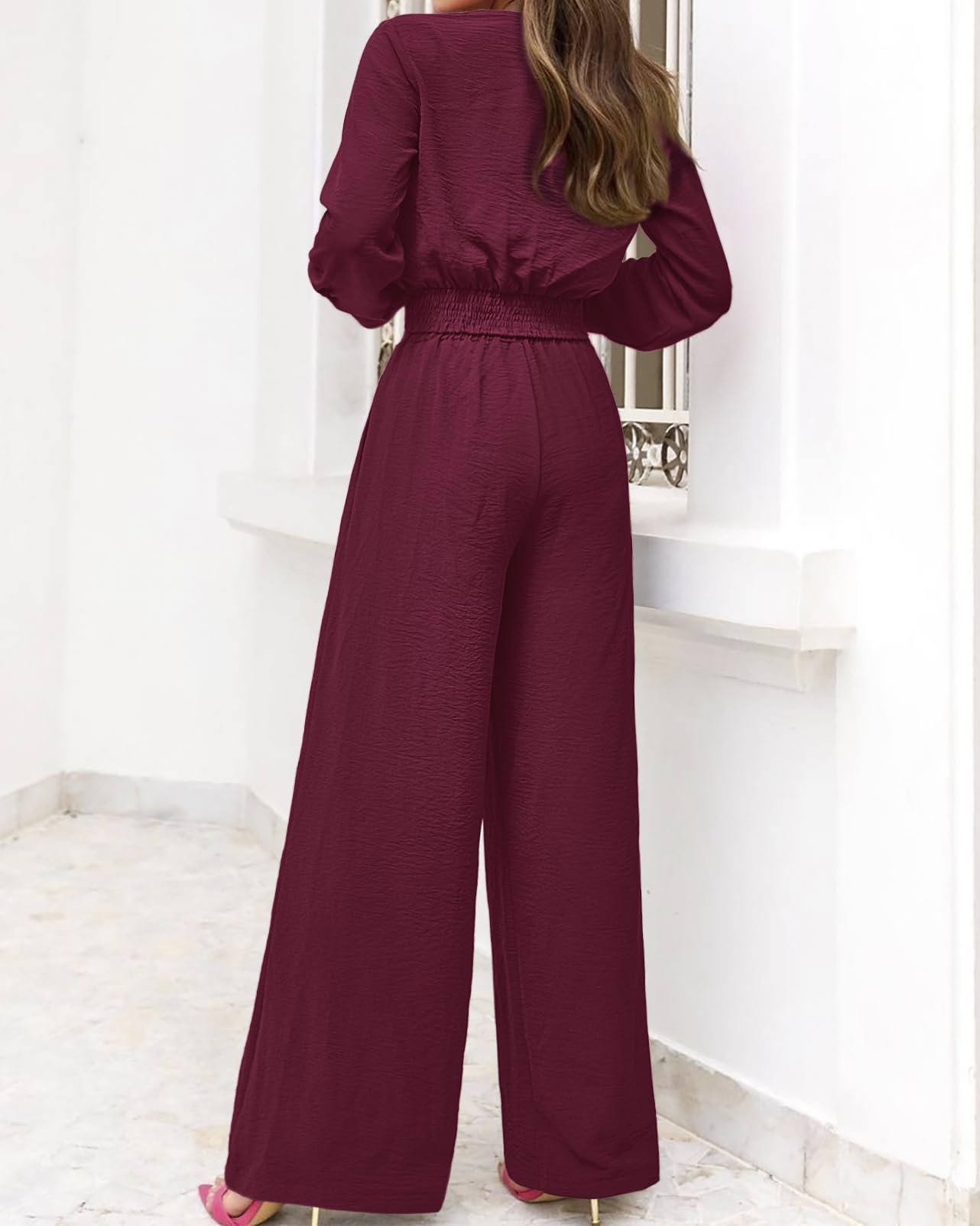 PRETTYGARDEN Women's 2 Piece Outfits 2025 Spring Casual V Neck Long Sleeve Strappy Crop Top with Wide Leg Palazzo Pants Set | Trendy Matching Outfit for Brunch, Shopping & Vacation