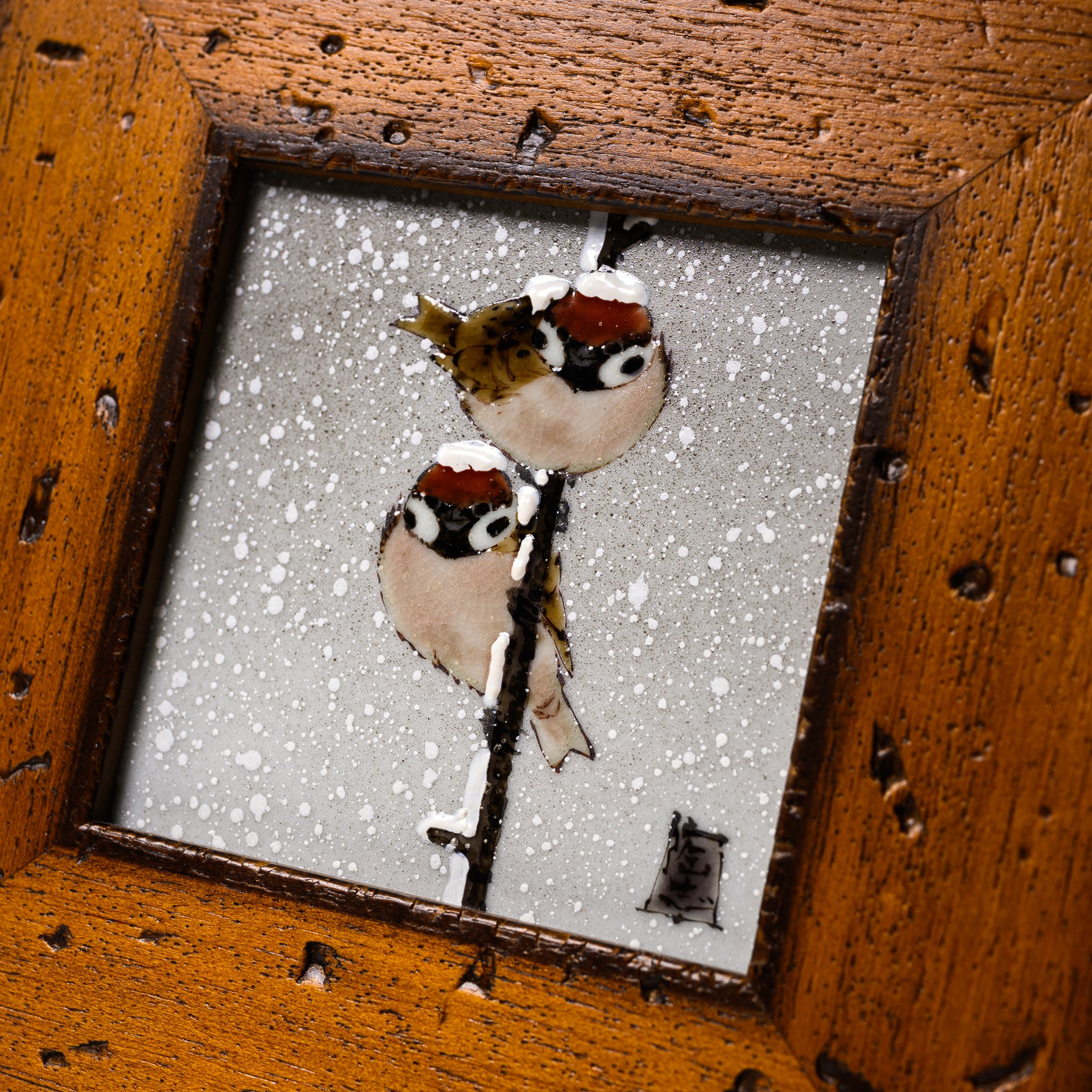 Authentic Kutani Ware Framed Porcelain Artwork by Toshito Nakamura - Snowing Sparrow Japanese Ceramic Wall Decor | Perfect for Home, Office & Gift Giving