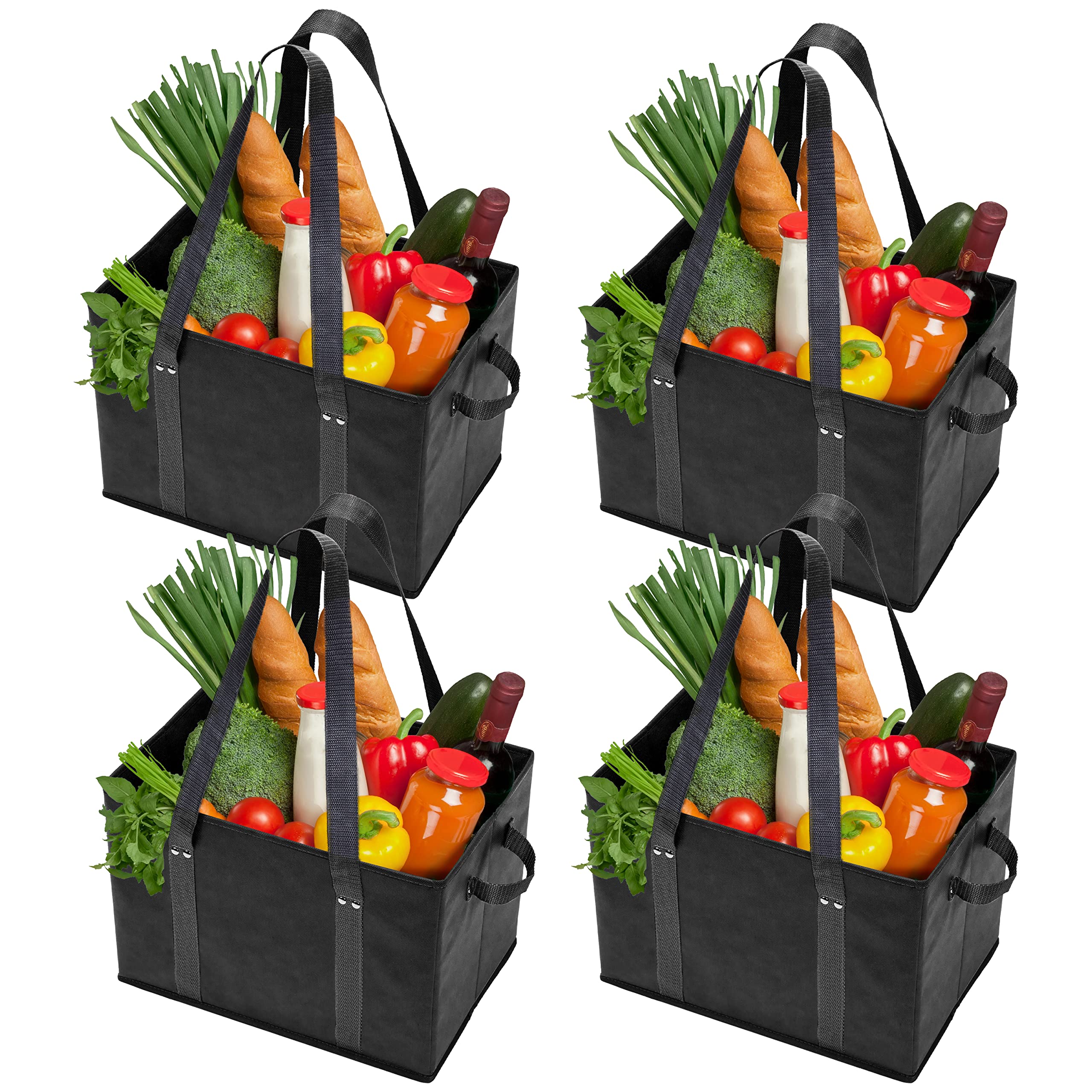 BAG-THAT! 4-Pack Heavy Duty Reusable Grocery Shopping Tote Bags with Reinforced Bottom & Foldable Design - Large Capacity for Supermarket, Farmers Market & Bulk Shopping (Black)
