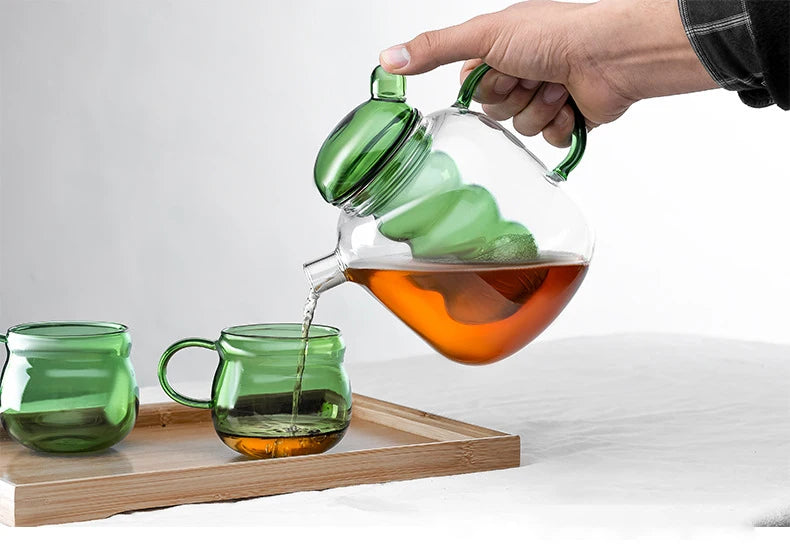 Bulbo Colored Glass Teapot and Cup Set - Handmade Artisan Tea Brewing Kit for Loose Leaf Tea - Perfect for Home, Office & Gift Giving