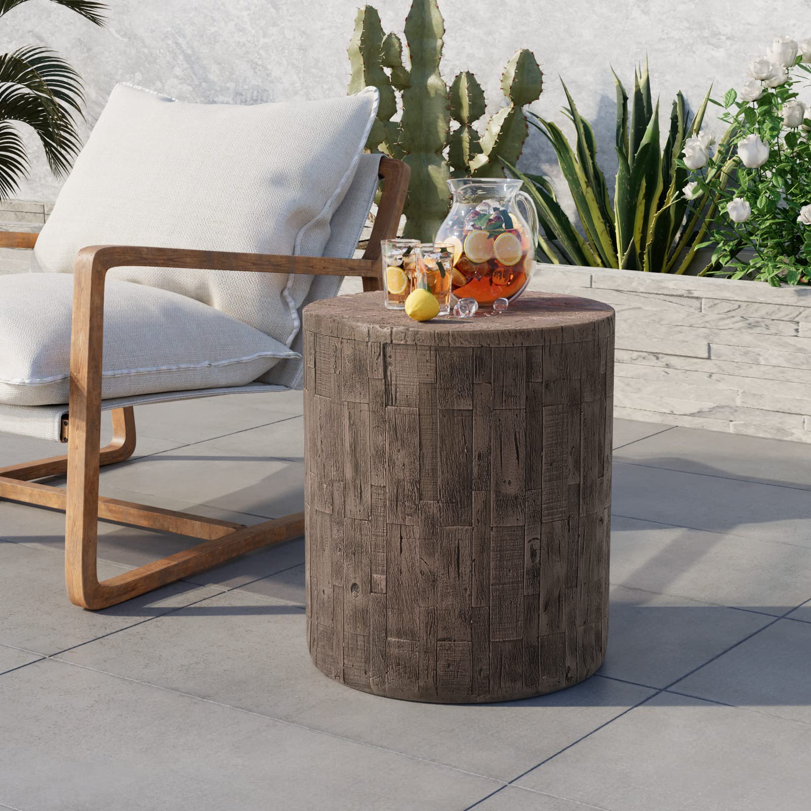 Stylish Outdoor Side Table - Lightweight Mosaic MgO Patio End Table, Round Cylinder Accent Table & Plant Stand for Garden, Deck, and Balcony - Perfect for Outdoor Entertaining and Relaxation