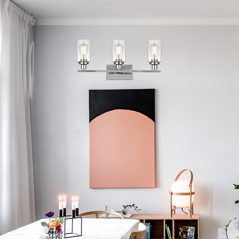 Modern Chrome Bathroom Vanity Light Fixture - 3-Light Contemporary Wall Sconce with Clear Glass Shade for Bathroom, Hallway, Kitchen & Bedroom Lighting (Patent: US D963914 S) | Perfect for Vanity Mirror Lighting, Entryway Decor & Modern Home Illumination