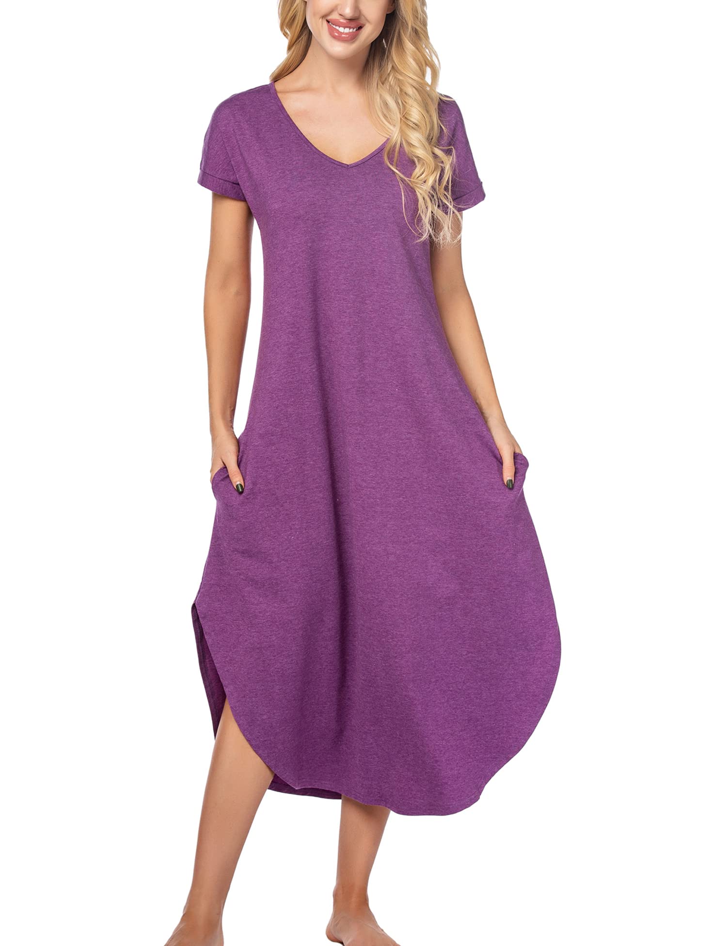 Ekouaer Women's V-Neck Nightgown - Soft Short Sleeve Sleepwear with Side Split Pockets, Long Nightdress Sizes S-3XL - Perfect for Relaxing at Home, Lounging & Comfortable Sleep