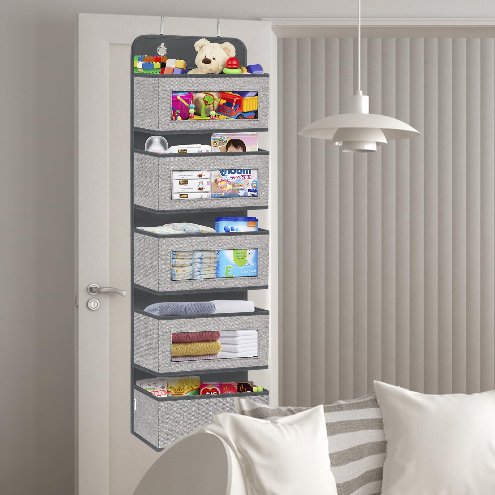 Homyfort Over The Door Hanging Organizer with 5 Large Pockets & Clear Windows - Wall Mount Storage for Pantry, Nursery, Bathroom, Kitchen, Closet & Dorm - Perfect for Diapers, Toiletries & Small Items (Grey)