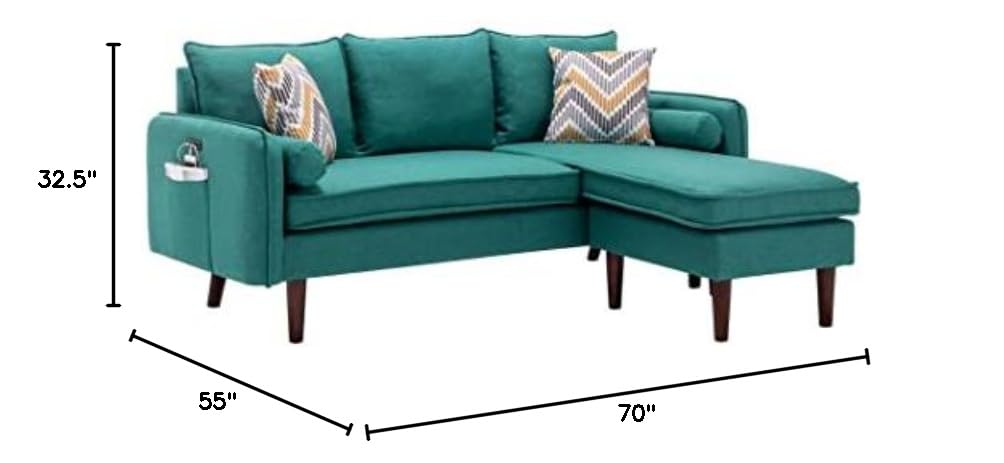 Lilola Home Mia Green Sectional Sofa Chaise with USB Charger & Throw Pillows - Modern L-Shaped Couch for Living Room, Family Room & Small Spaces