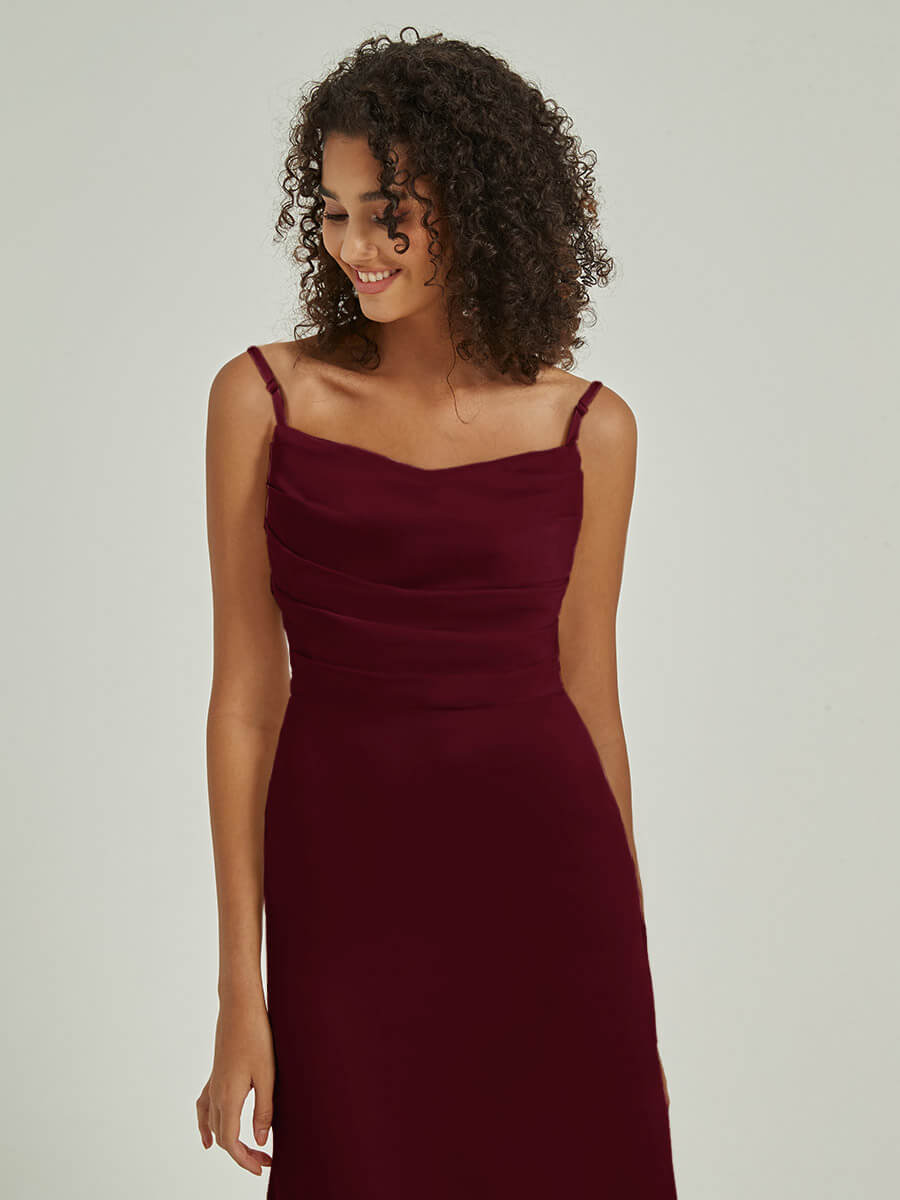 Elegant Burgundy Cowl Neck Straps Side Slit Silk Satin Convertible Bridesmaid Dress - Perfect for Weddings, Parties & Formal Events