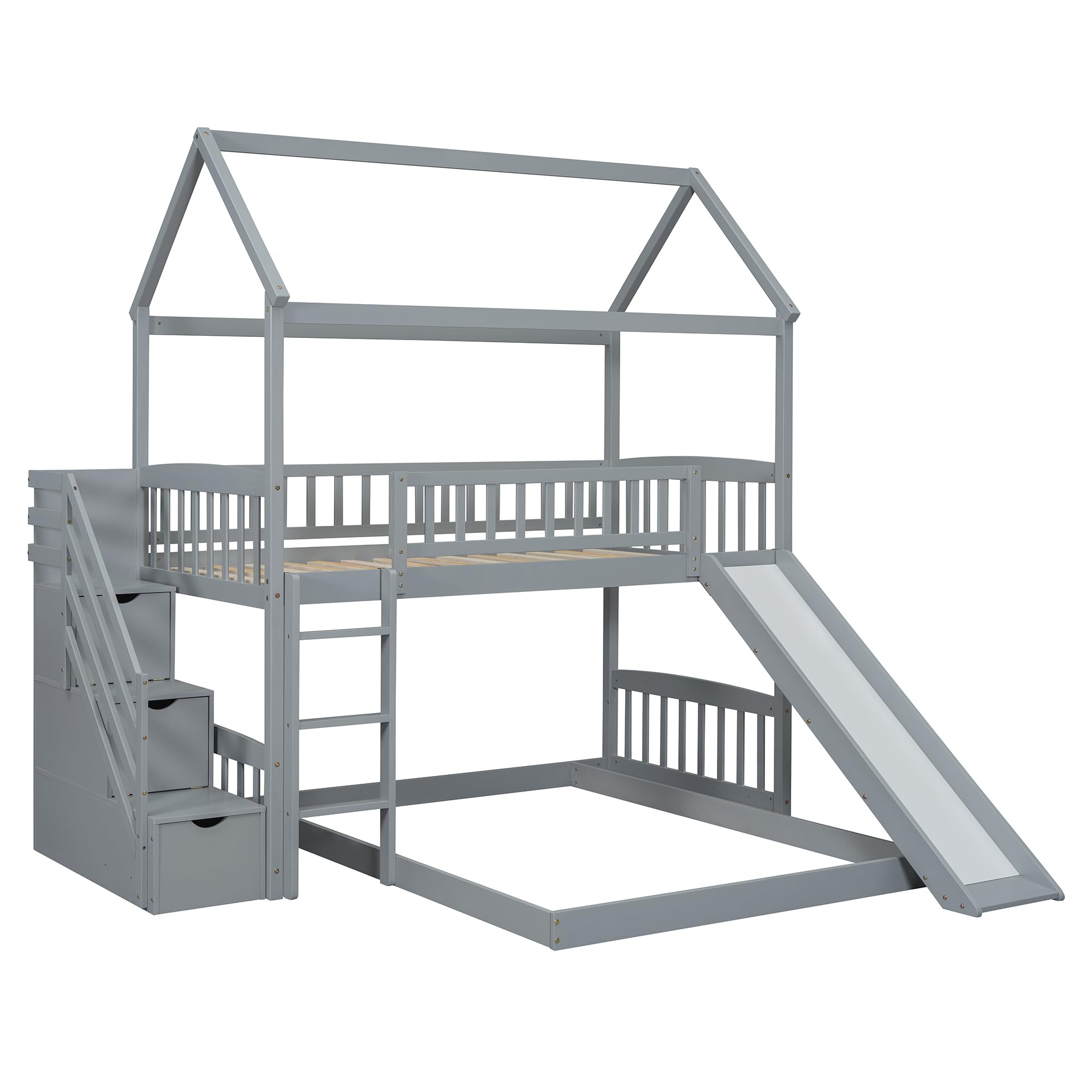 Harper & Bright Designs Twin Over Twin Kids House Shape Bunk Bed with Slide - Solid Wood Bunk Bed Frame with Storage Stairs for Kids & Teens (Grey) | Space-Saving Bedroom Solution for Siblings, Sleepovers & Small Rooms