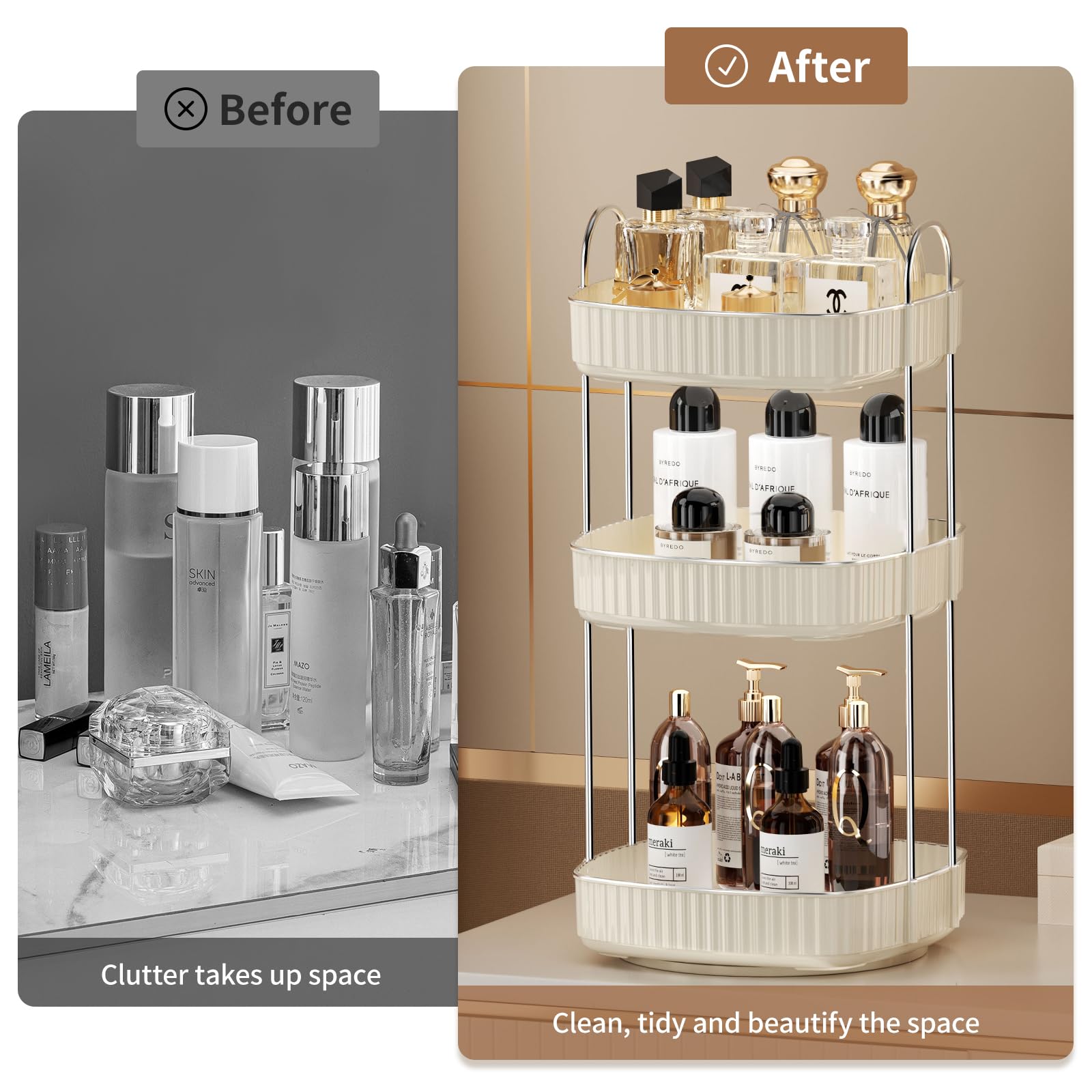 360° Rotating Makeup Organizer - 3-Tier Vanity Tray for Cosmetics & Perfume | Bathroom Countertop Storage