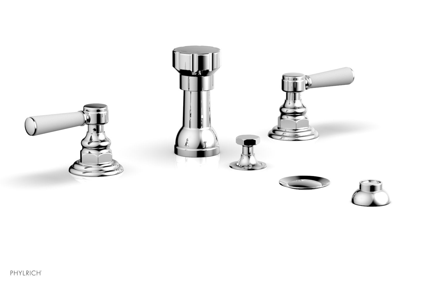 HEX TRADITIONAL Four Hole Bidet Faucet Set with Satin White Lever Handles - Model 500 61 - Perfect for Bathroom Renovation and Modern Toilet Upgrades