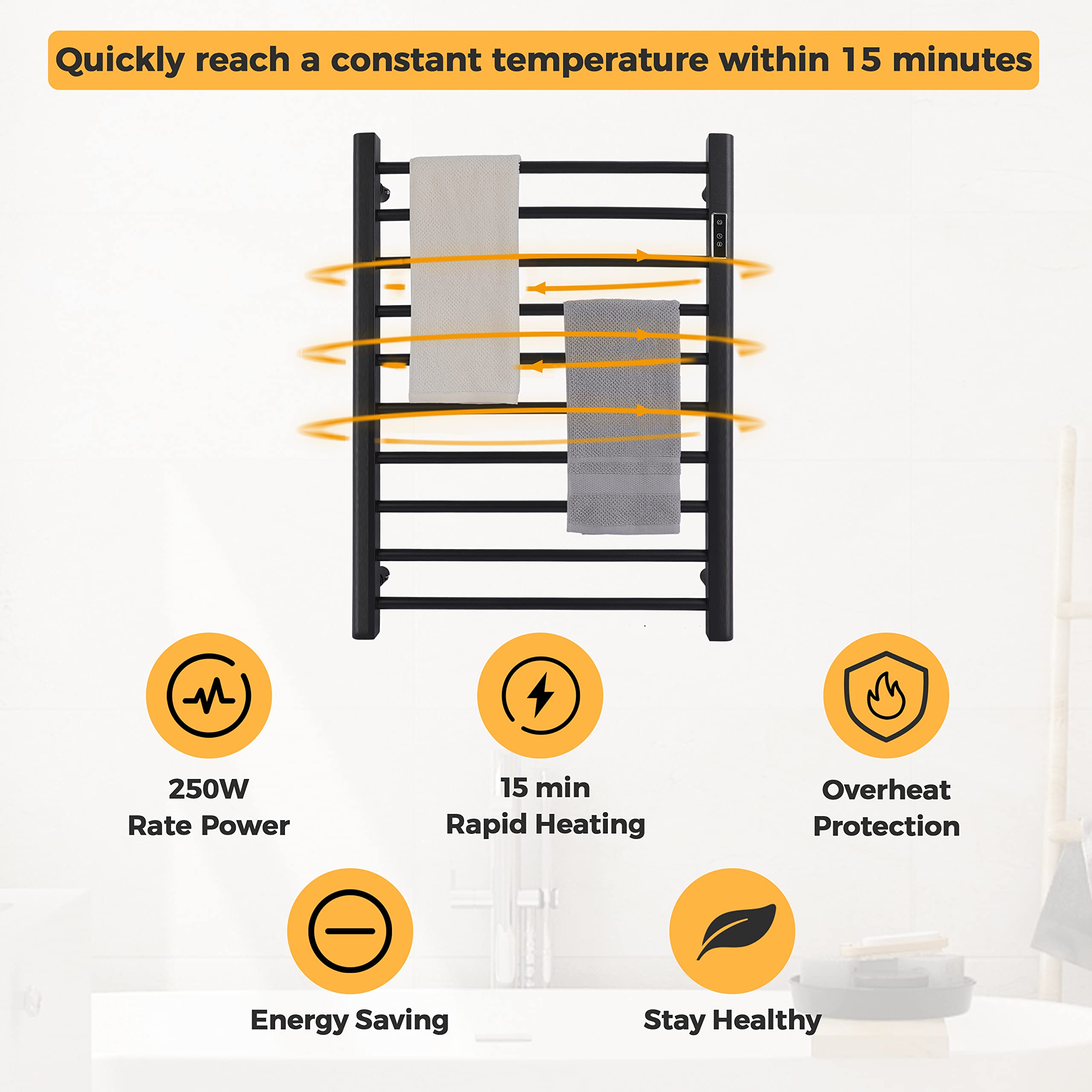 DELAVIN 10 Bars Electric Towel Warmer with Timer & Temperature Control - Wall Mount or Standing Heated Towel Rack - Hardwired & Plug-in Options - Mild Steel Matte Black - Perfect for Bathrooms, Spas & Luxury Home Heating