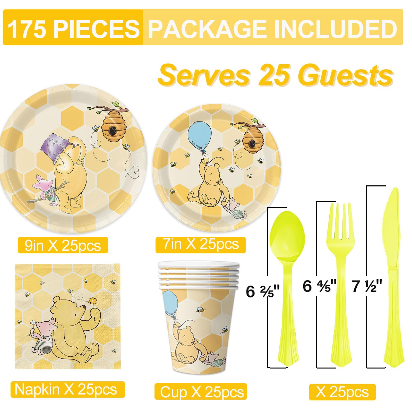 175-Piece Winnie the Pooh Baby Shower Party Supplies Set - Classic Pooh Bear Themed Plates, Napkins, Cups & Cutlery for 25 Guests | Gender Neutral Baby Shower Decorations & Birthday Party Tableware | Perfect for Baby Showers, First Birthdays and Themed Nursery Celebrations