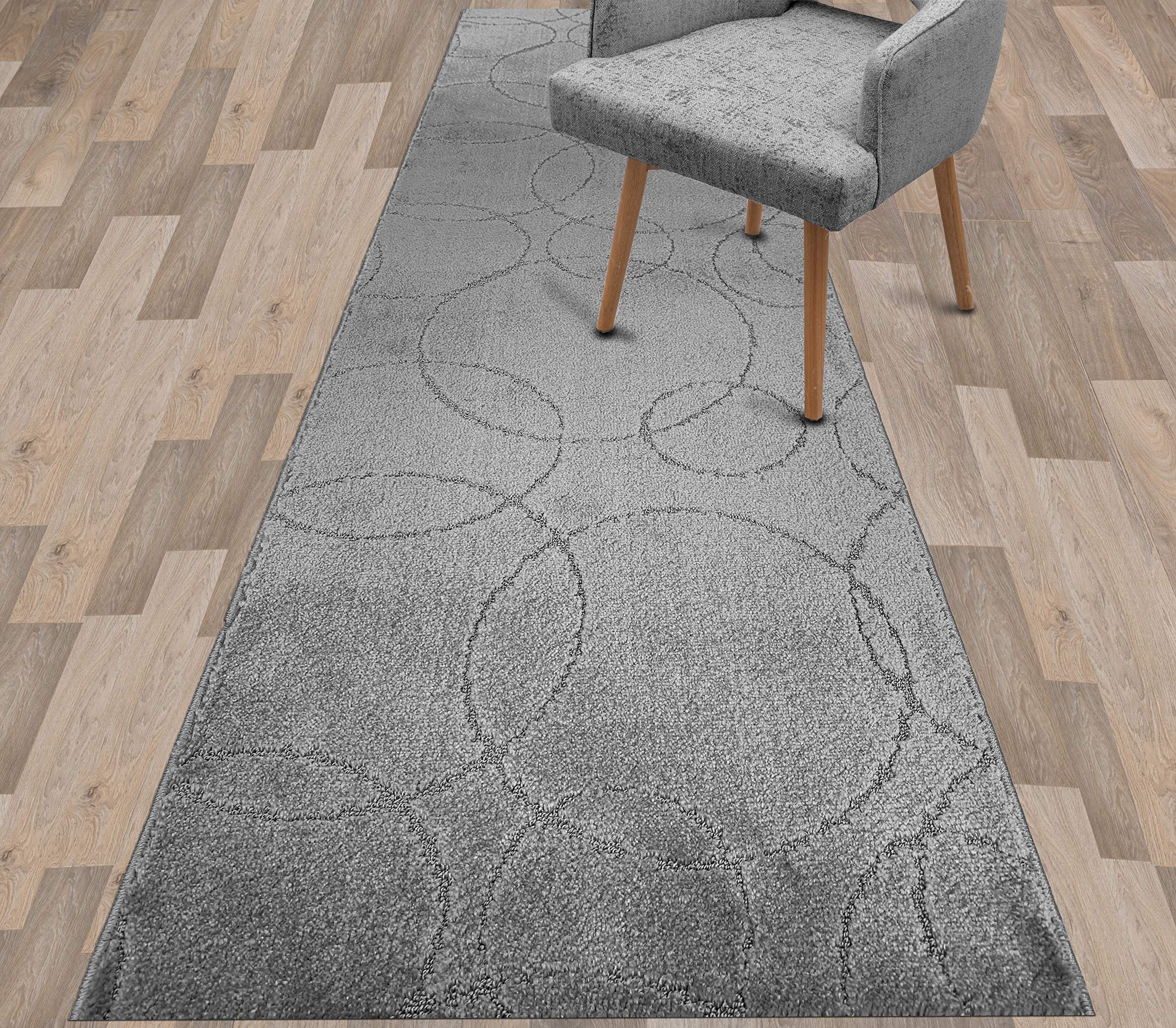 Modern Runner Rug for Entryway, Hallway & Kitchen - Non-Slip Backing for Strong Grip on Hardwood & Tile Floors - Pet-Friendly Washable Carpet - 12ft Contemporary Minimalist Circle Design in Grey - Perfect for High Traffic Areas, Living Rooms & Bedrooms