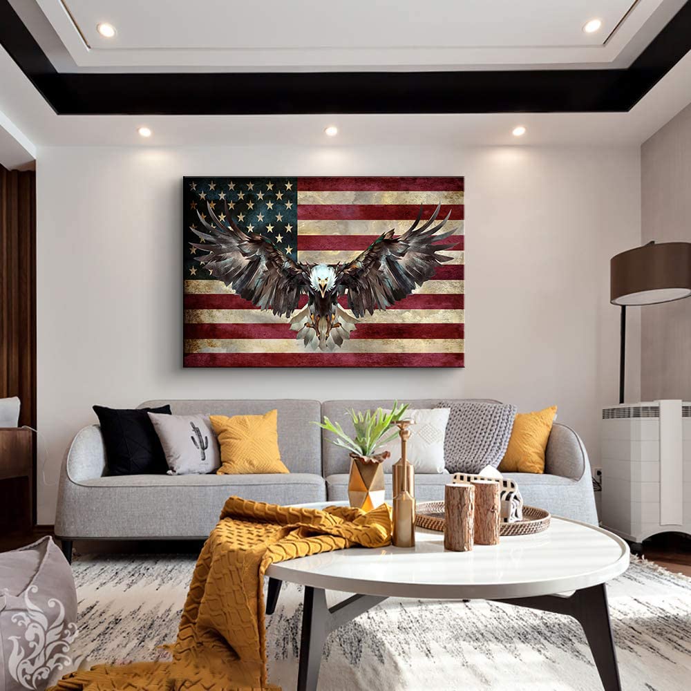 Handmade Wooden American Flag Wall Art - Patriotic Home Decor for Living Room, Bedroom & Office - Military & Army Themed Bald Eagle Design (28