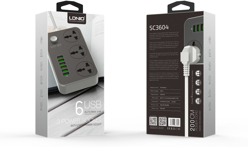 3.4A International Power Adapter with 6 USB Ports & 2m Cable - Universal Travel Charger for Ireland, UK, EU - Perfect for Hotels, Airports & Home Use