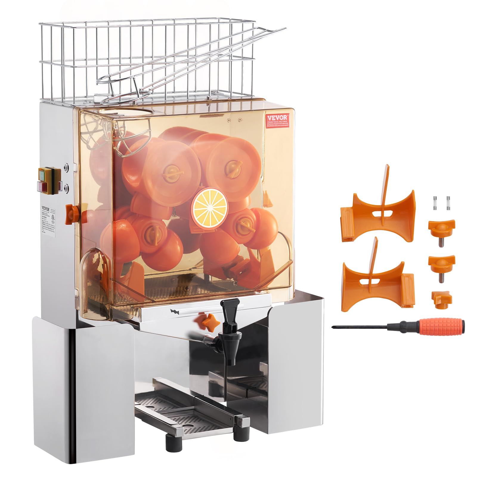 VEVOR Commercial Orange Juicer Machine 120W - Automatic Juice Extractor with Water Tap, Stainless Steel Orange Squeezer (20 Oranges/Min) - Includes Pull-Out Filter Box, PC Cover & 2 Peel Buckets - Perfect for Restaurants, Juice Bars & Catering Services