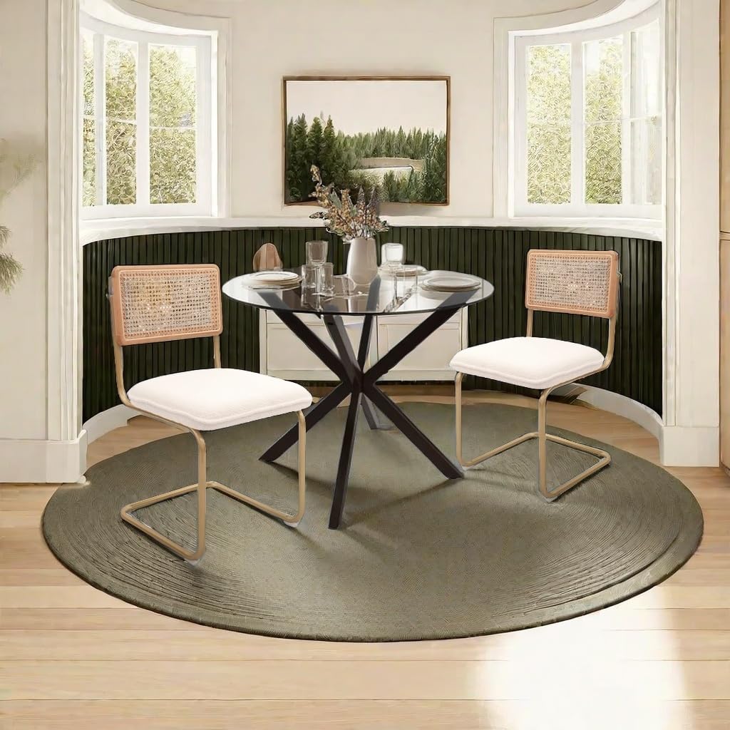 Modern Rattan Dining Chairs Set of 2 - Natural Woven Backrest & Sturdy Metal Legs, Comfortable Fleece Upholstered Armless Side Chairs for Kitchen, Living Room, Study, Office - Cream | Perfect for Home Dining, Coffee Shops, and Cozy Reading Nooks