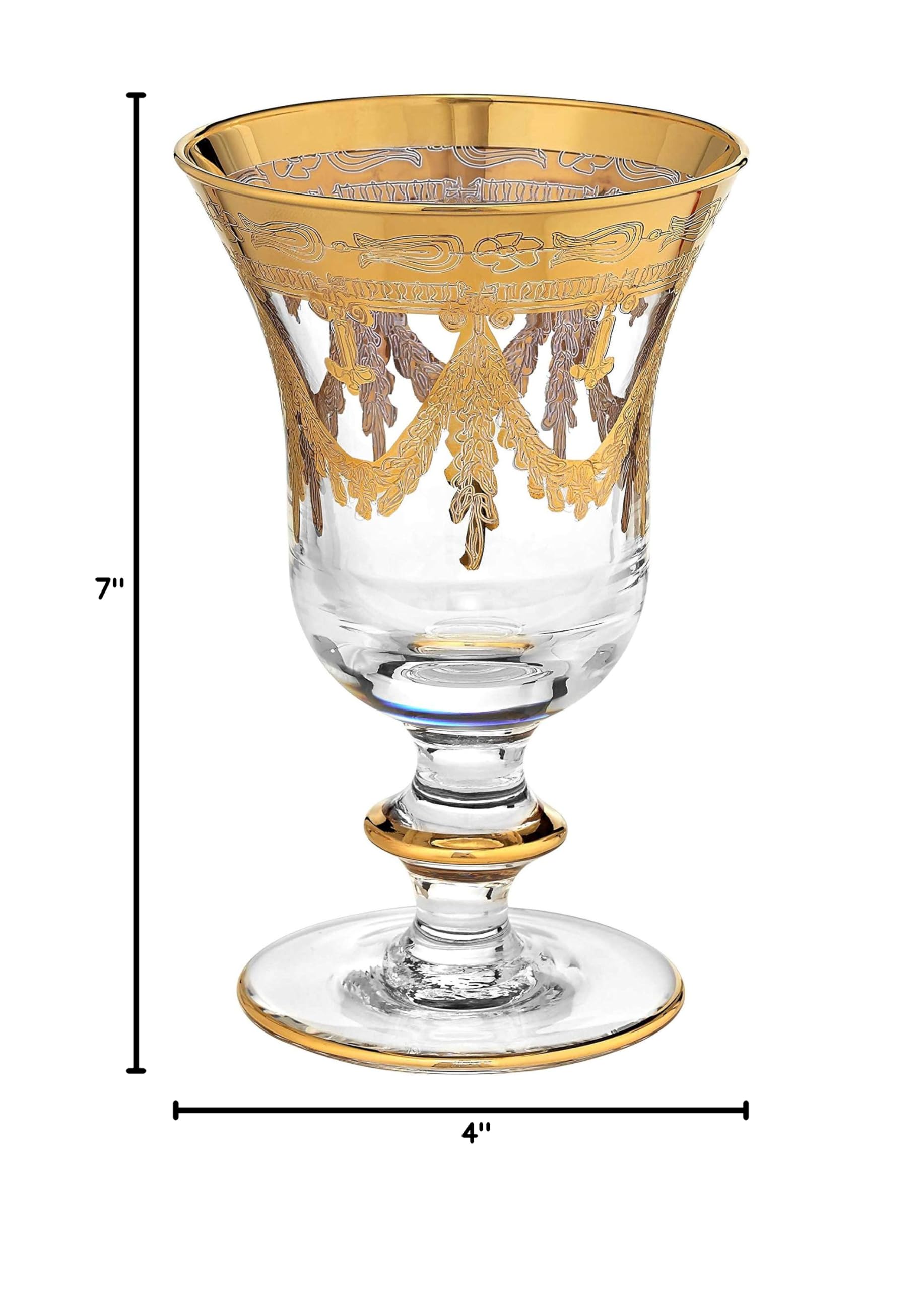 Luxury Italian Crystal Wine Glasses Set of 6 - 24K Gold Hand-Painted Vintage Goblets for Wedding, Anniversary & Fine Dining Elegance