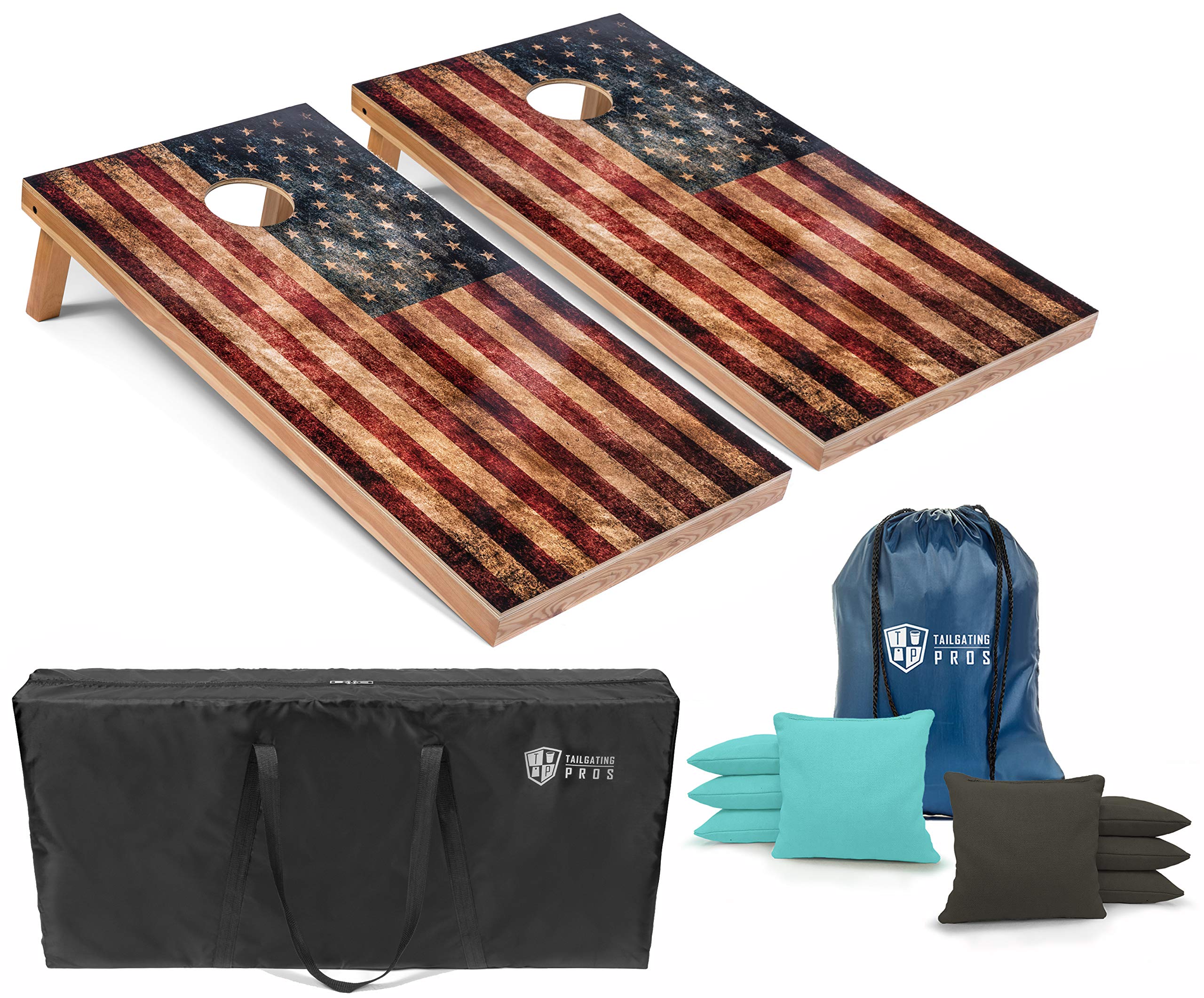 Rustic American Flag Cornhole Boards Set - 4'x2' Distressed Wooden Cornhole Game with LED Ring, 8 Bean Bags & Carrying Case | Outdoor Tailgate Party, Backyard BBQ, and Family Game Night Fun