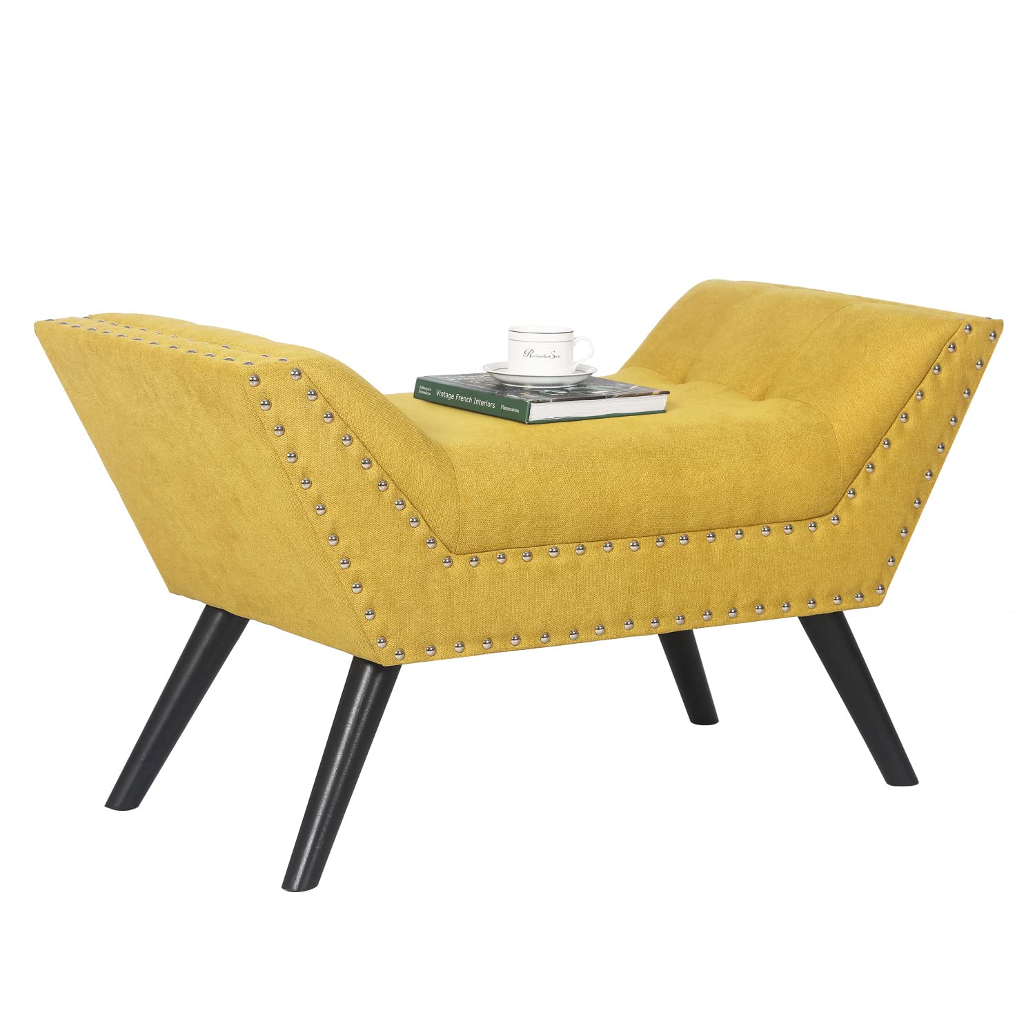 Modern Upholstered Fabric Ottoman Bench with Tufted Design, Wooden Legs & Nailhead Trim - Yellow Accent Bench for Bedroom, Living Room & Entryway | Perfect for Extra Seating, Footrest & Home Decor