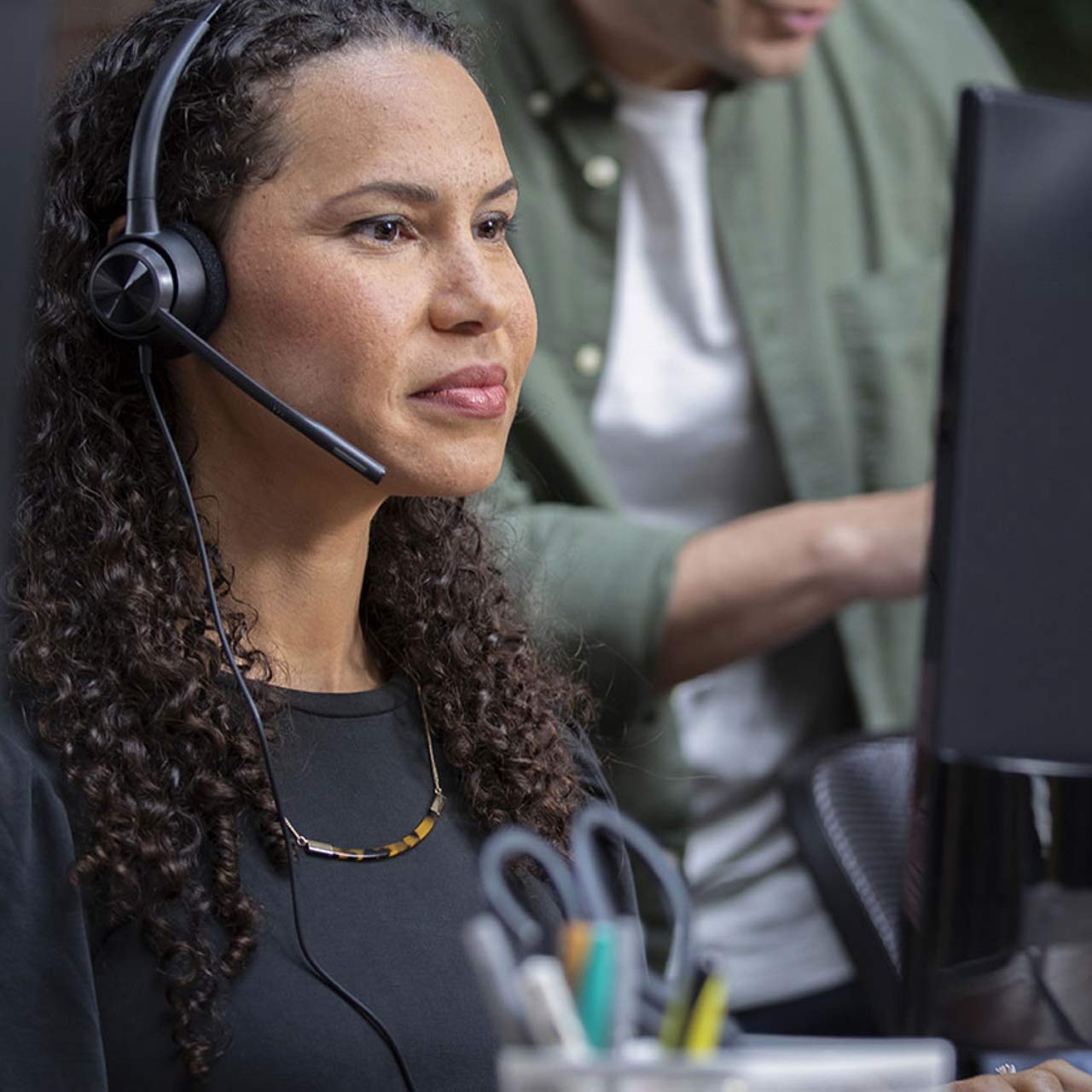 Plantronics Poly Encore Pro 310 Headset with Noise Canceling Microphone - Premium Call Center Headset Bundle with Microfiber Cloth for Clear Calls | Ideal for Office, Customer Service & Remote Work