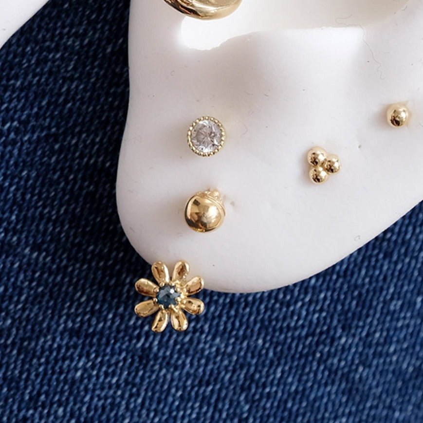 14k Rose Gold Reversible Huggie Hoop Earrings - Blue Diamond Flower & Ball Design for Women | Perfect for Weddings, Date Nights & Everyday Wear