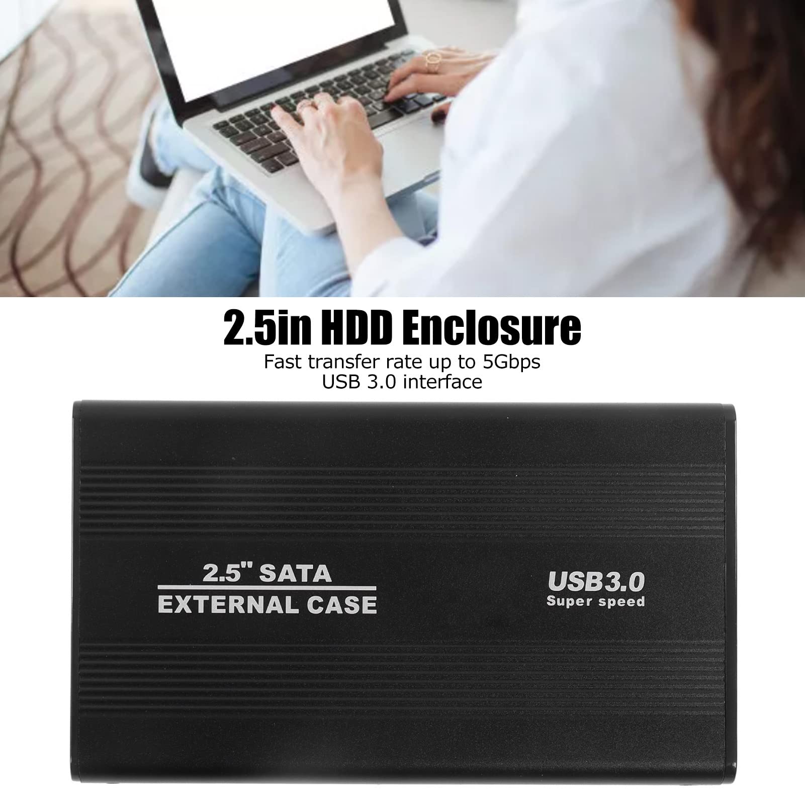 2.5 Inch HDD Enclosure - 5Gbps USB 3.0 Aluminum Hard Drive Case for Laptop & Desktop, External Storage Solution for Data Backup, Media Transfer, and File Sharing (Black)