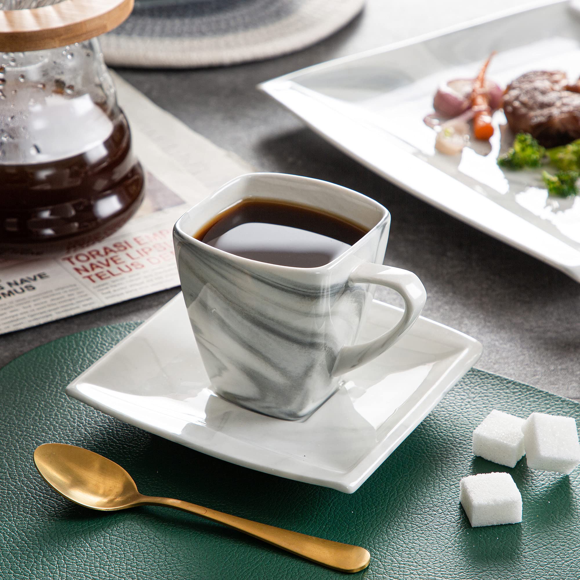 MALACASA 30-Piece Square Porcelain Dinnerware Set for 6 - Marble Grey Plates & Bowls with Dinner Plates, Dessert Plates, Soup Bowls, Cups & Saucers | Dishwasher & Microwave Safe, Blance Series | Perfect for Family Dinners, Dinner Parties & Restaurant Use