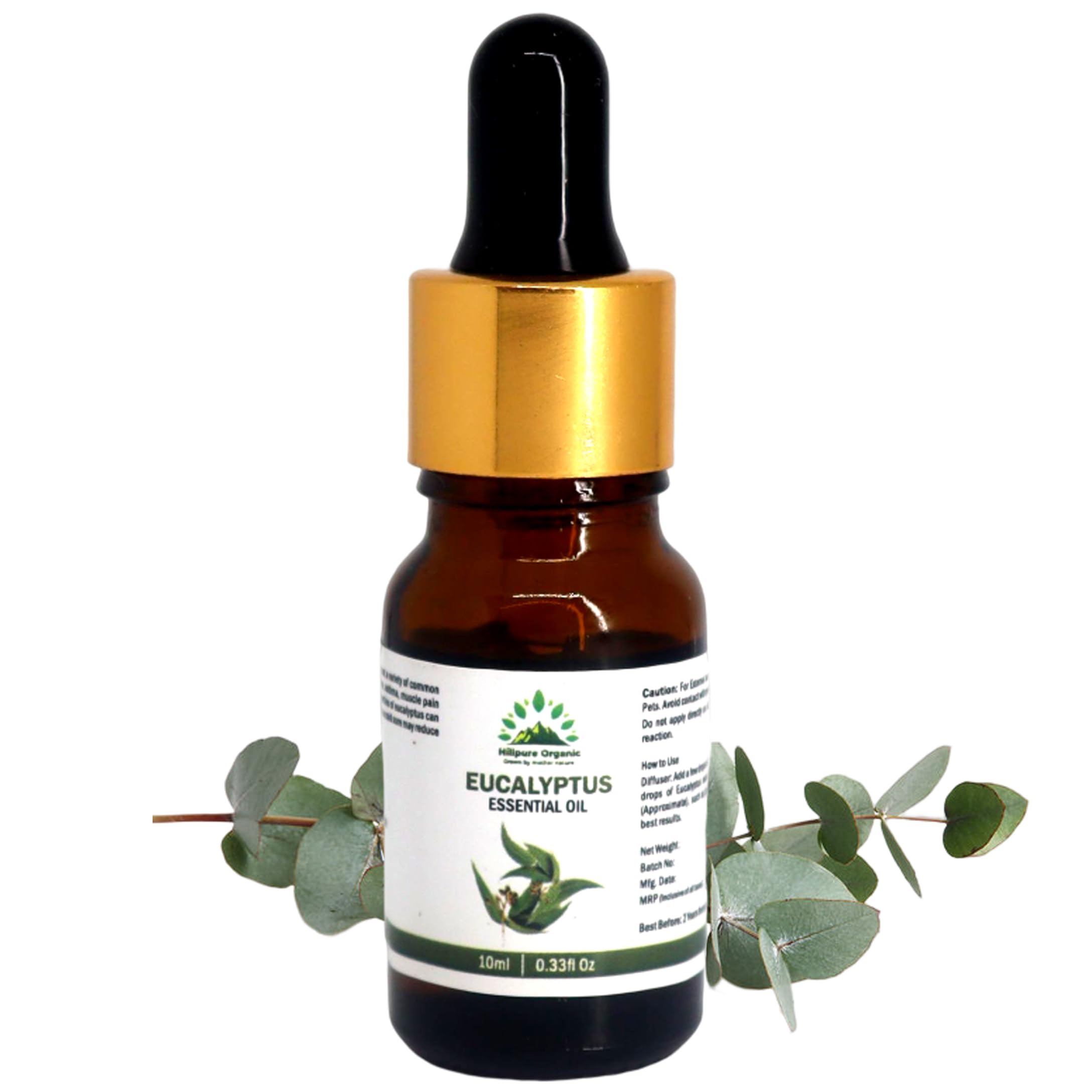 Hillpure Organic Eucalyptus Essential Oil - 100% Pure Natural Therapeutic Grade for Hair Growth, Skin Care & Aromatherapy Diffuser - 10ml Bottle for Stress Relief, Cold Relief & Home Spa