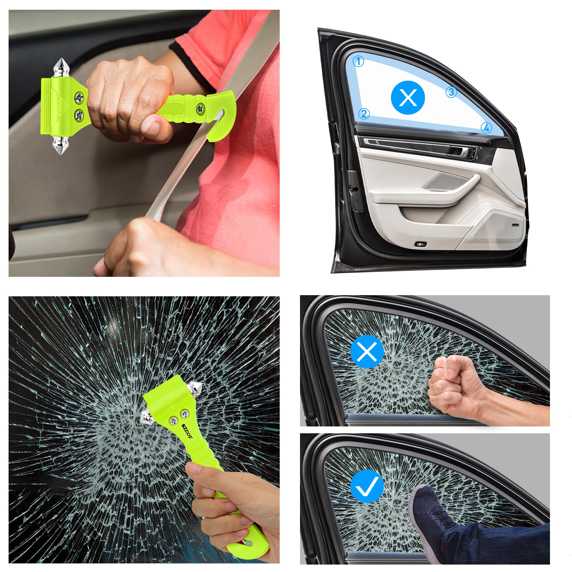 4-Pack Multi-Functional Car Emergency Safety Hammer - Glass Breaker & Seatbelt Cutter Tool for Vehicle Escape - Ideal for Car Accidents, Stuck Seatbelts & Emergency Breakouts (Green)
