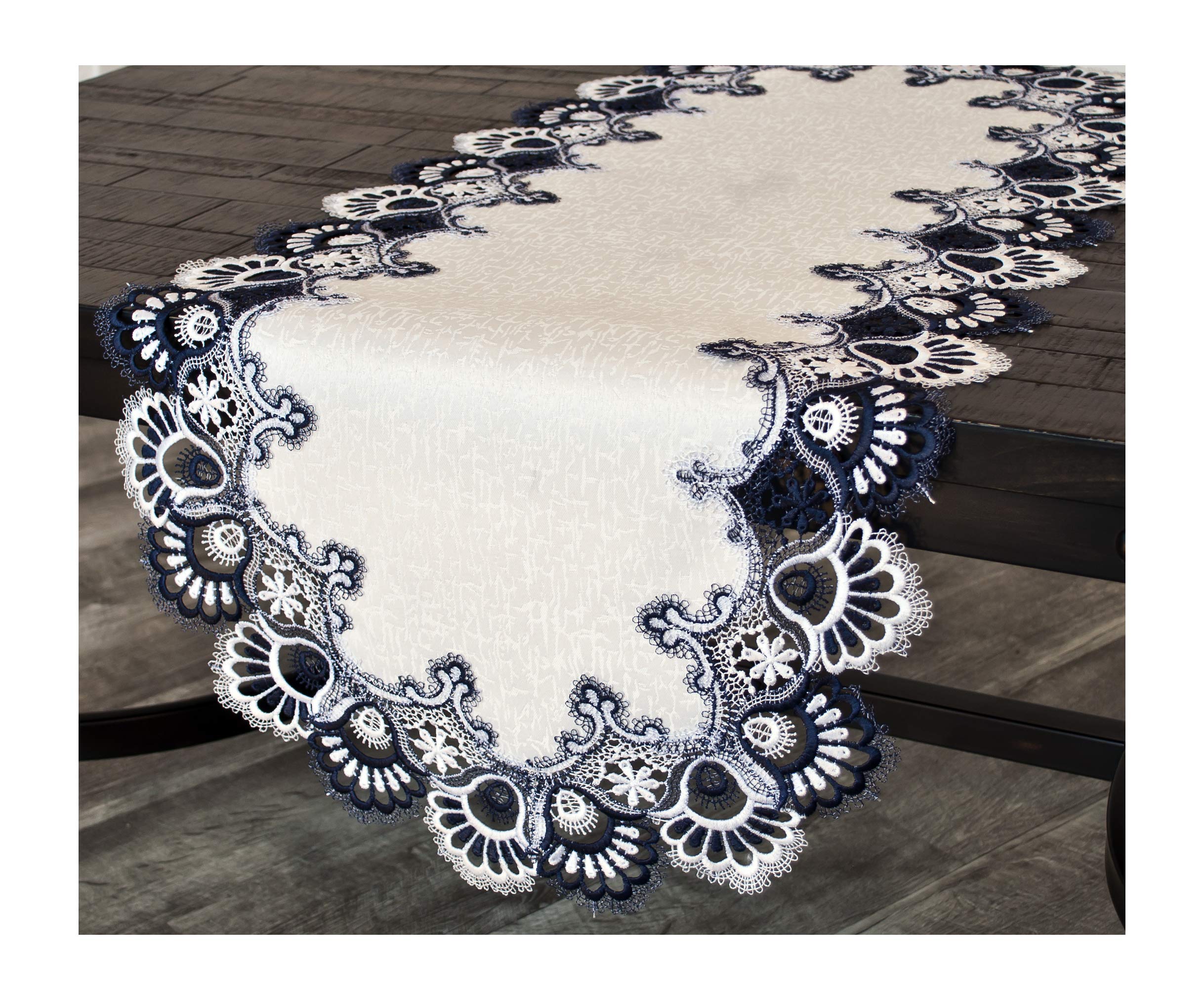 White Navy Blue Jacquard Peacock Tail Lace Dresser Scarf - Elegant Table Runner for Coffee Table, Dining Table, or Dresser (16x35 Inches) - Perfect for Home Decor, Weddings & Special Occasions